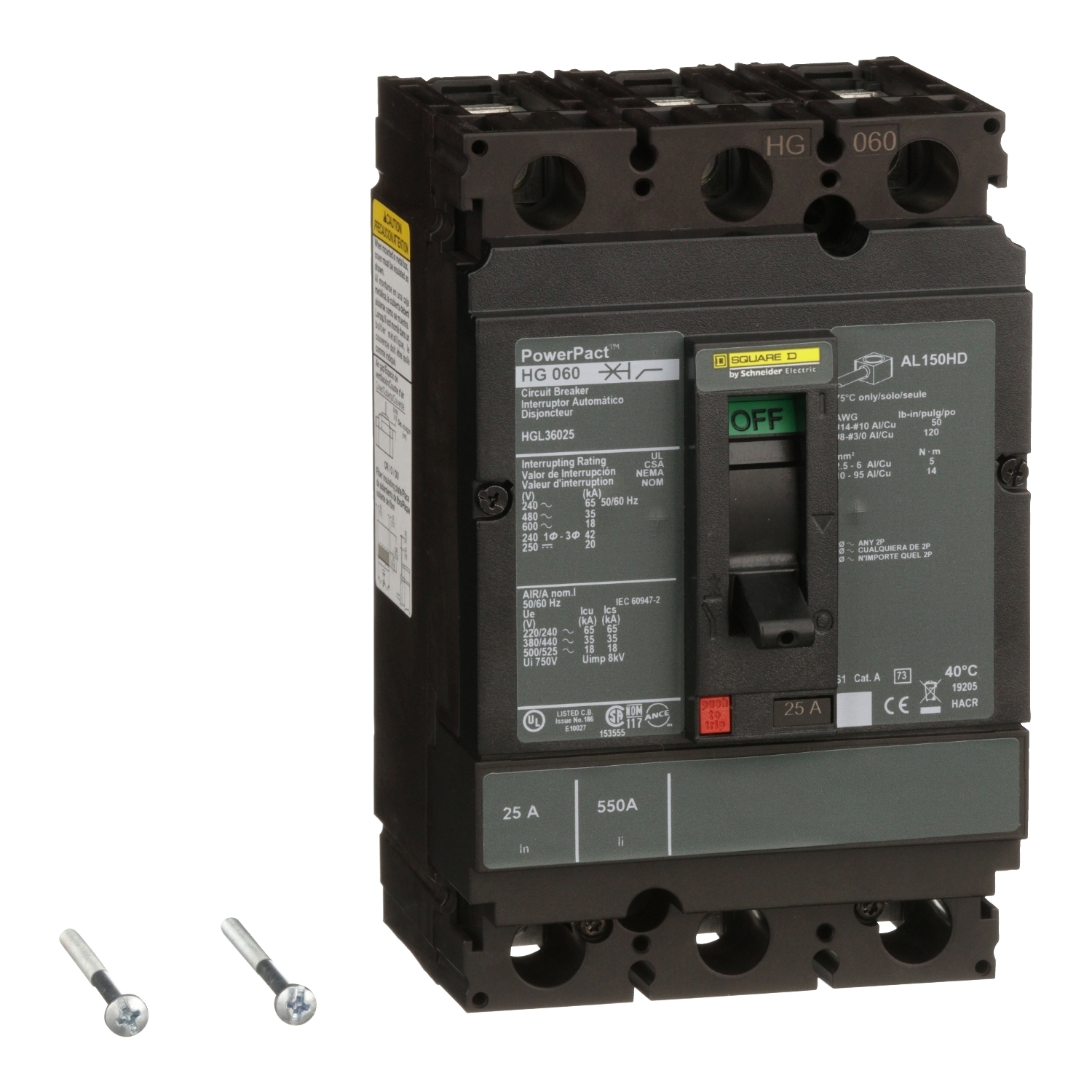Circuit breaker, PowerPacT H, 25A, 3 pole, 600VAC, 18kA, lugs, thermal magnetic, 80%