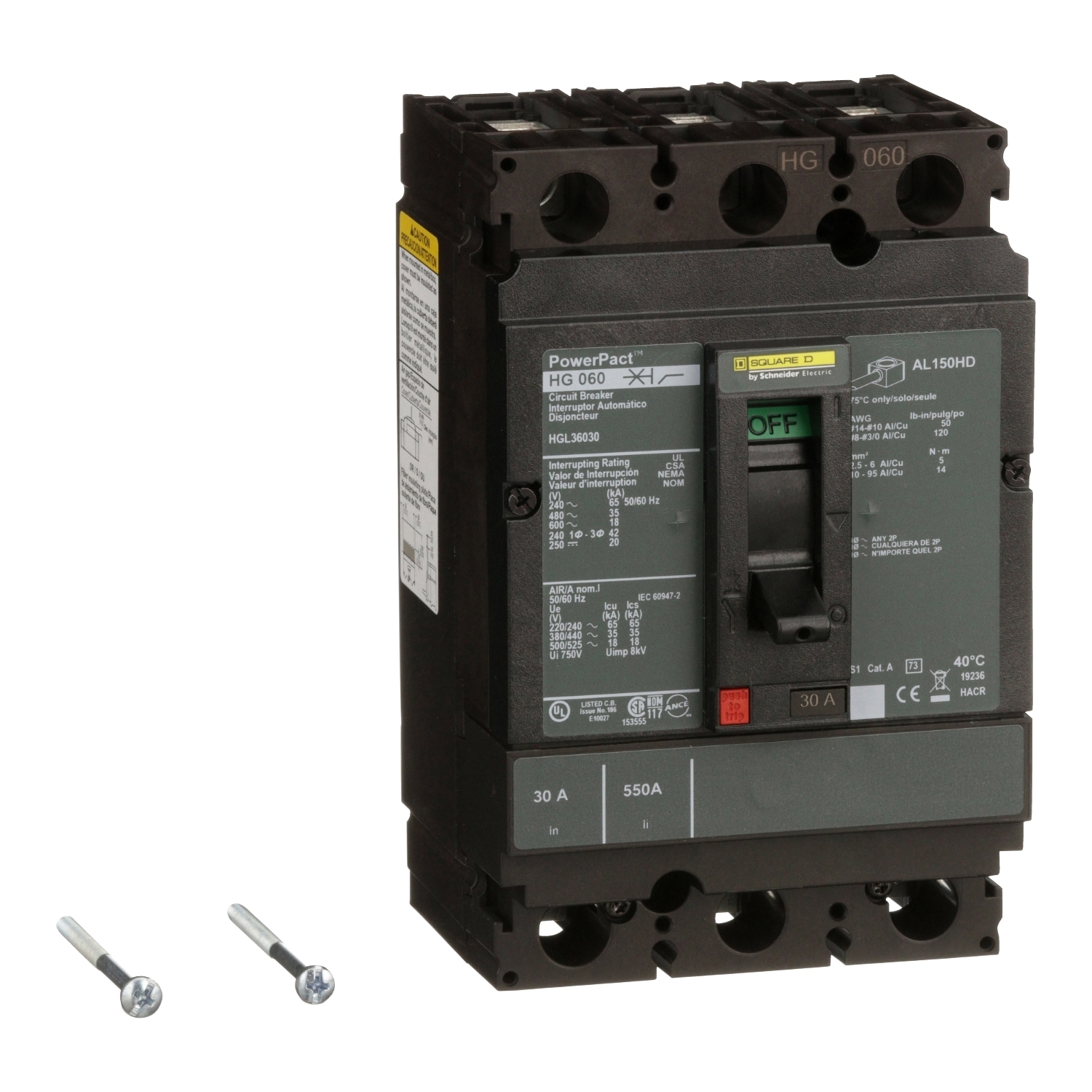 Circuit breaker, PowerPacT H, 30A, 3 pole, 600VAC, 18kA, lugs, thermal magnetic, 80%