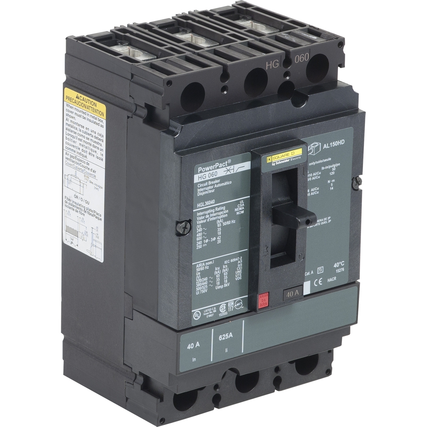 Circuit breaker, PowerPacT H, 40A, 3 pole, 600VAC, 18kA, lugs, thermal magnetic, 80%