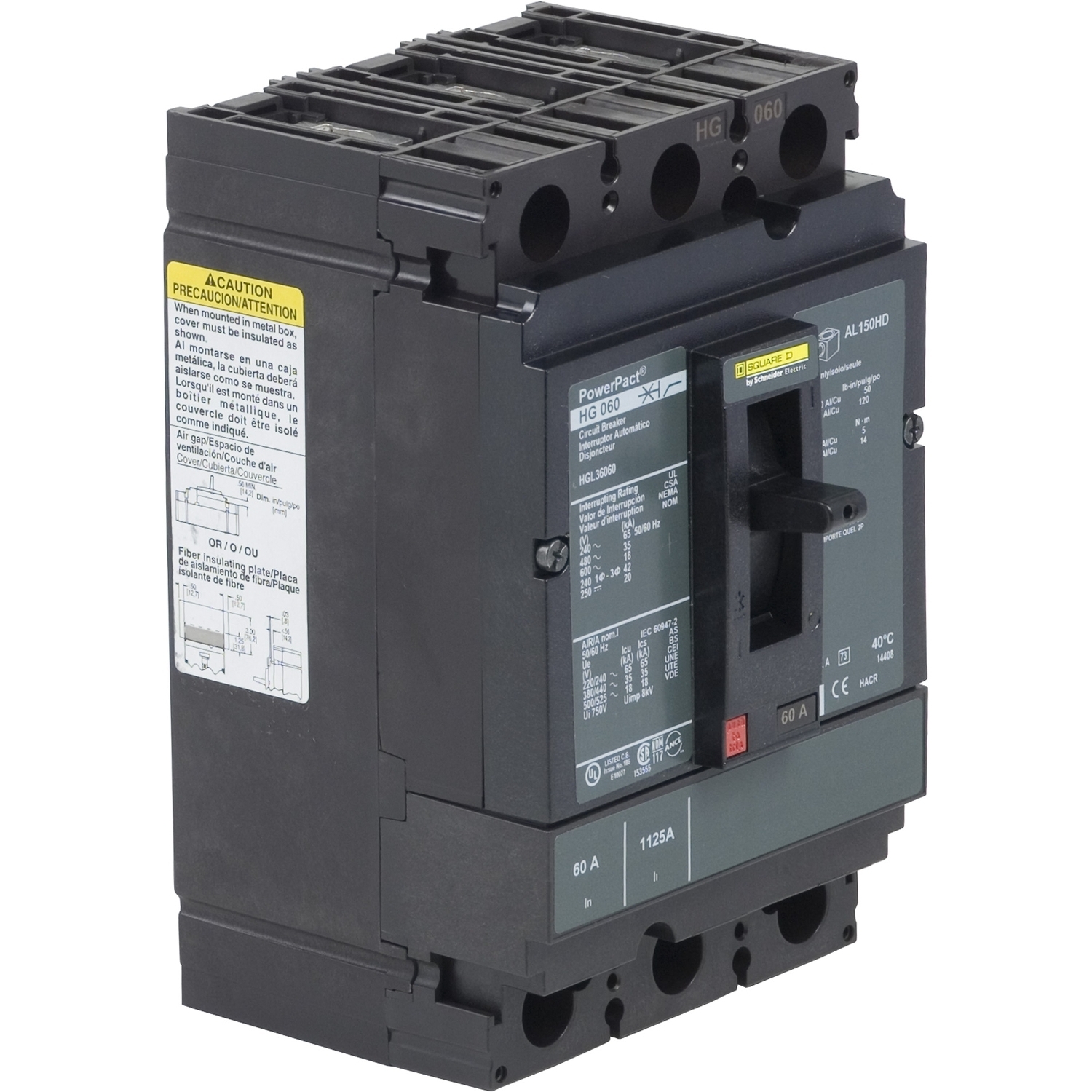 Circuit breaker, PowerPacT H, 60A, 3 pole, 600VAC, 18kA, lugs, thermal magnetic, 100%