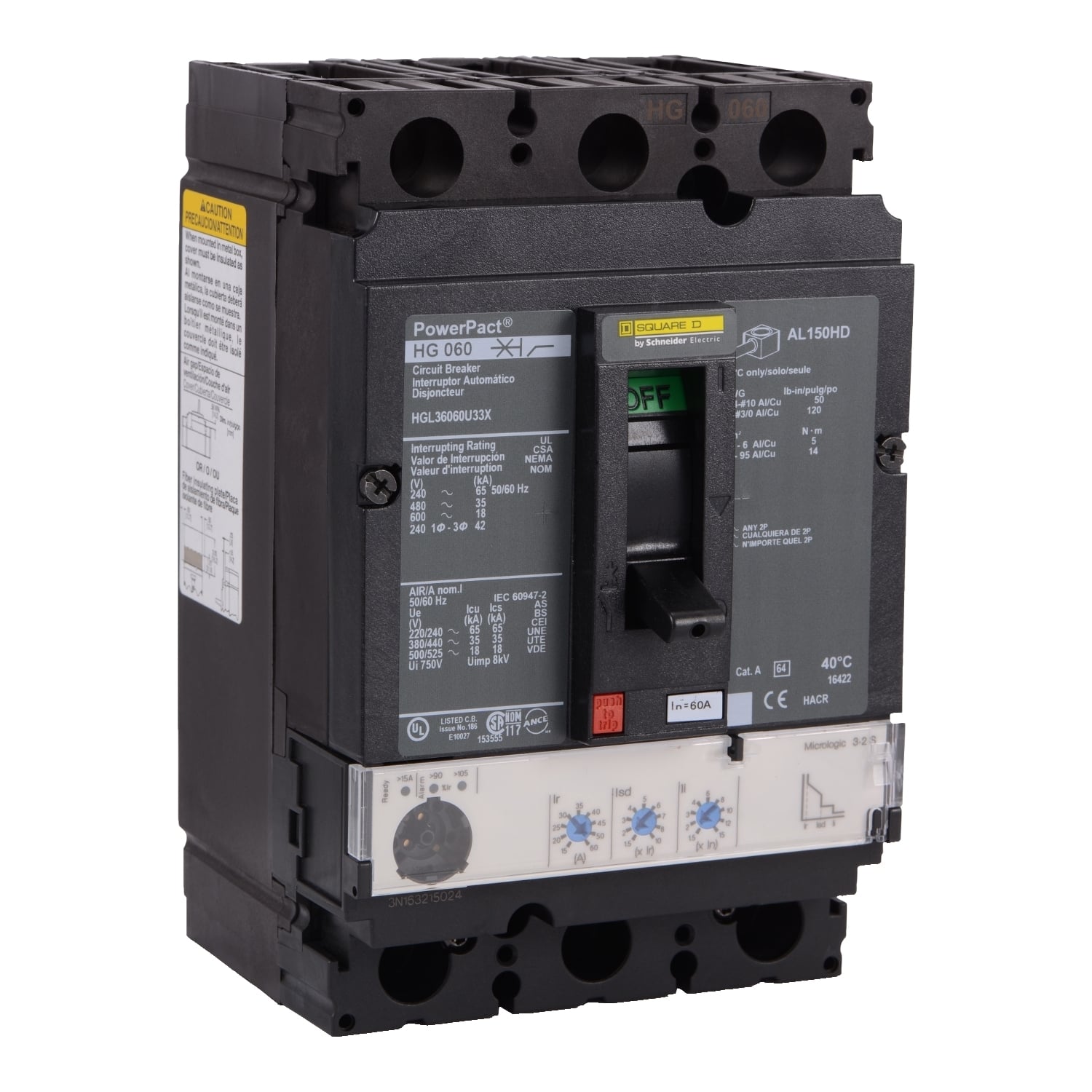 HGL36060U33X Molded Case Circuit Breaker, 60 Amp, 3 Pole, 600V