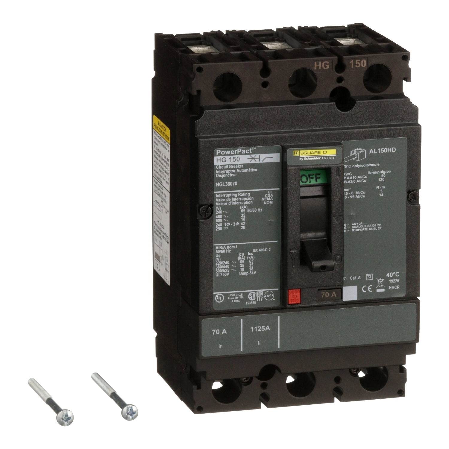 Circuit breaker, PowerPacT H, 70A, 3 pole, 600VAC, 18kA, lugs, thermal magnetic, 80%