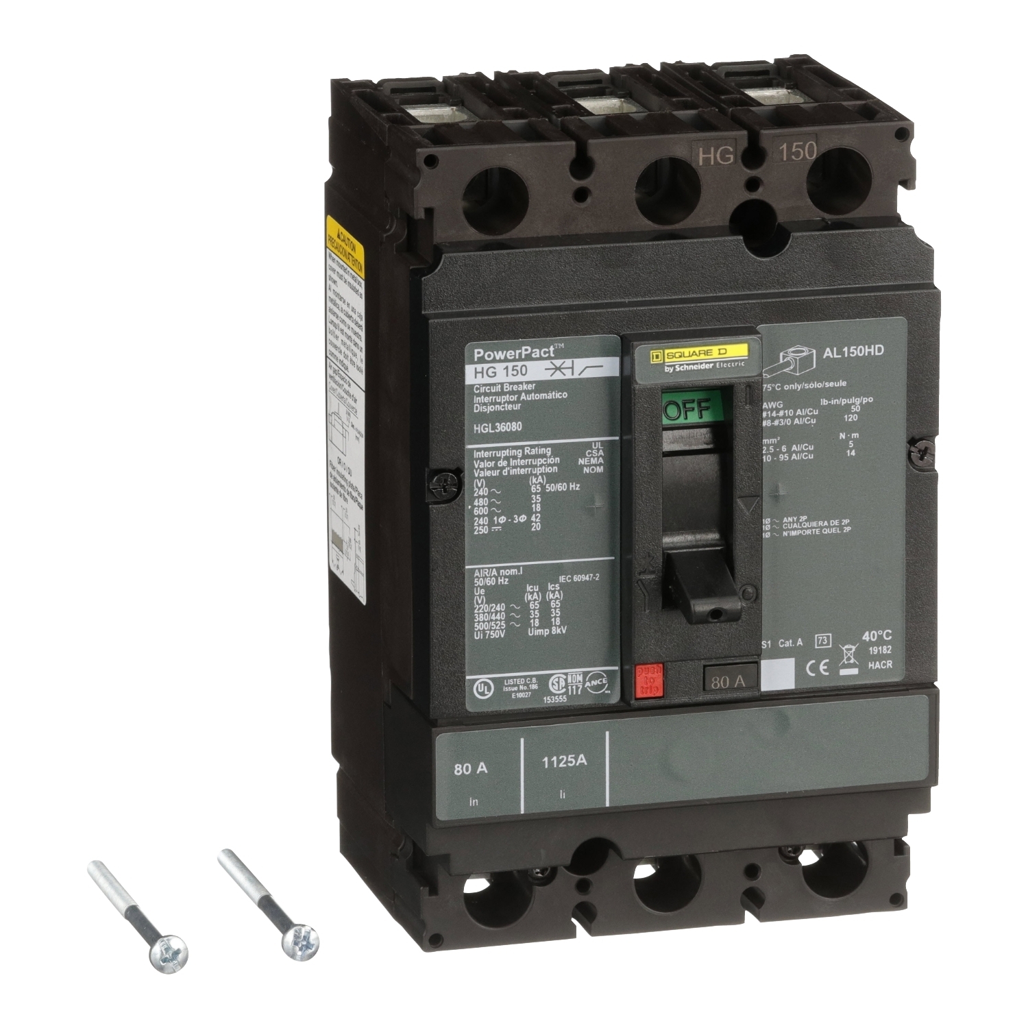 Circuit breaker, PowerPacT H, 80A, 3 pole, 600VAC, 18kA, lugs, thermal magnetic, 80%