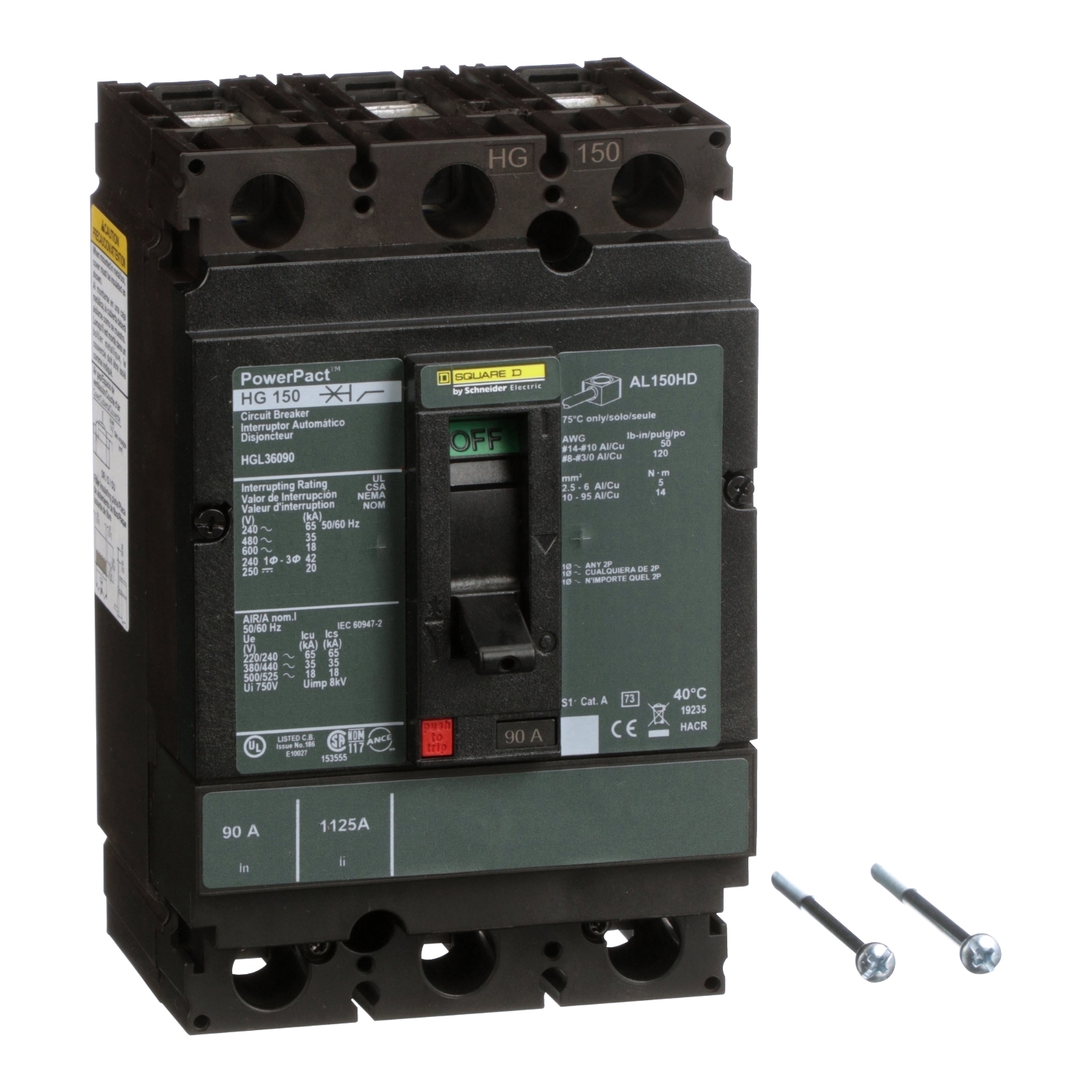 Circuit breaker, PowerPacT H, 90A, 3 pole, 600VAC, 18kA, lugs, thermal magnetic, 80%