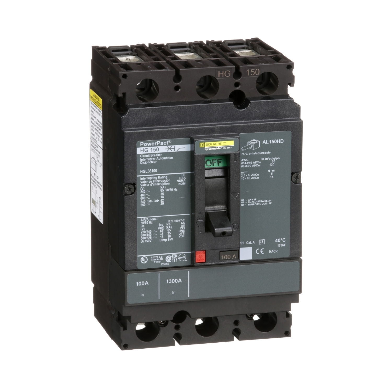Circuit breaker, PowerPacT H, 100A, 3 pole, 600VAC, 18kA, lugs, thermal magnetic, 80%