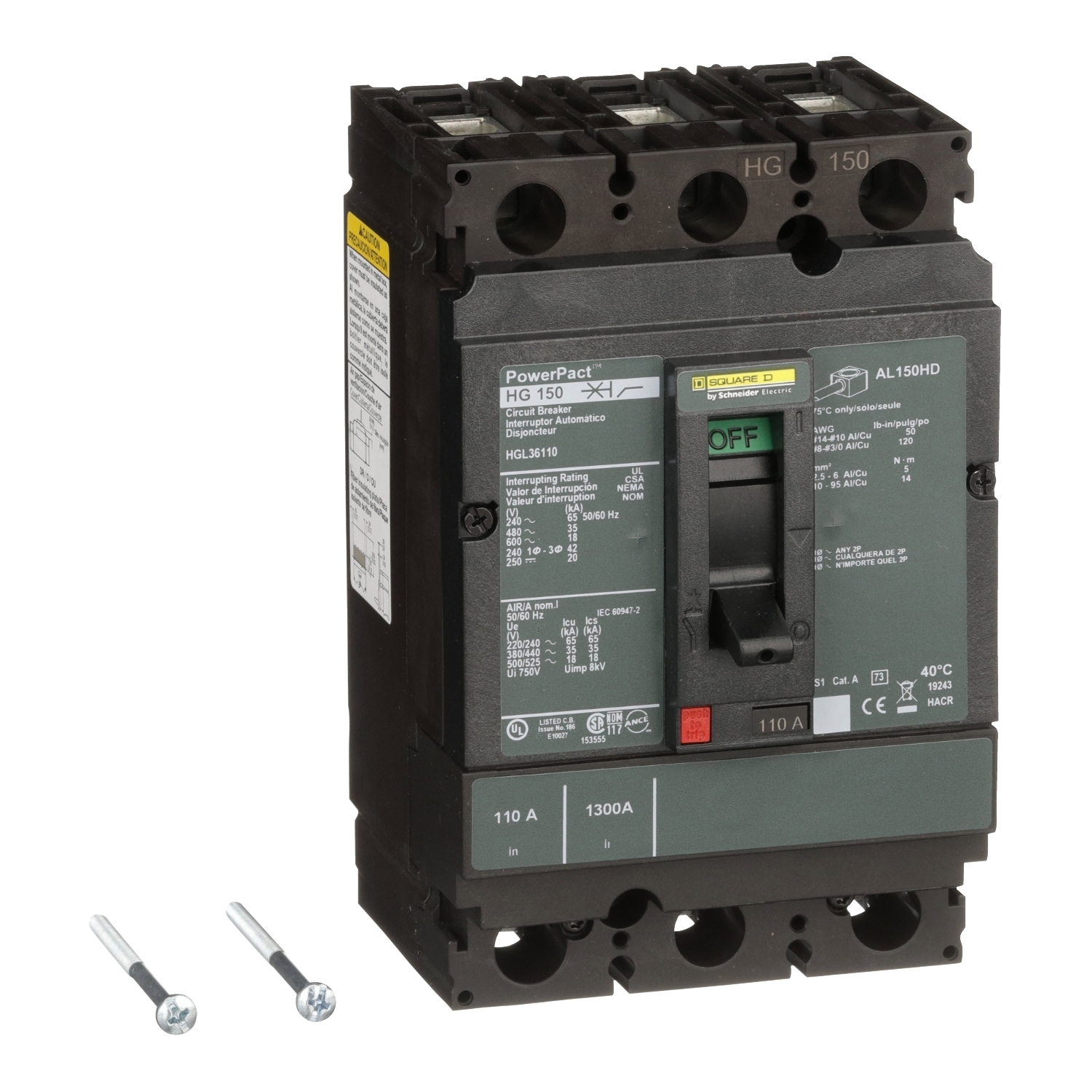Circuit breaker, PowerPacT H, 110A, 3 pole, 600VAC, 18kA, lugs, thermal magnetic, 80%