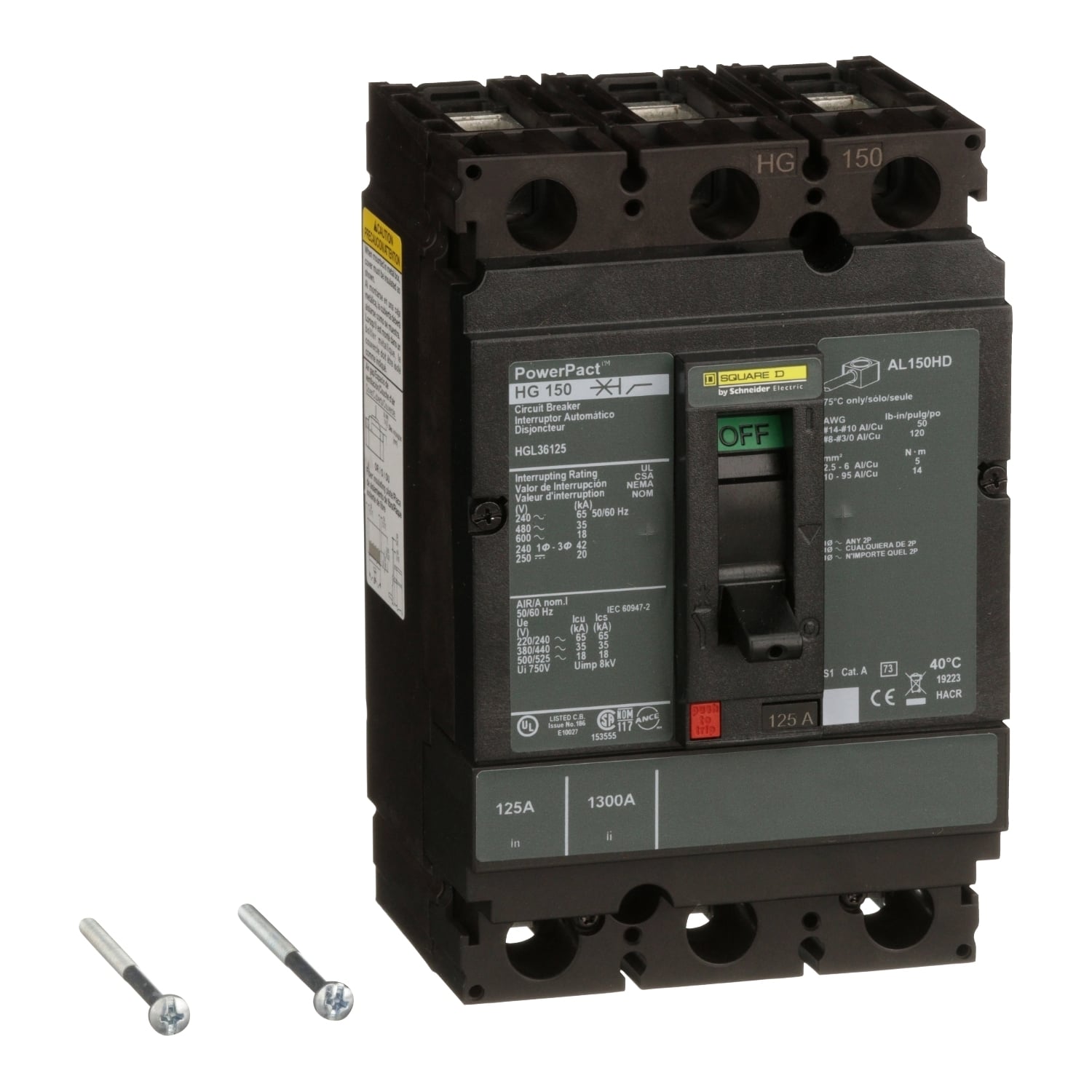 Circuit breaker, PowerPacT H, 125A, 3 pole, 600VAC, 18kA, lugs, thermal magnetic, 80%