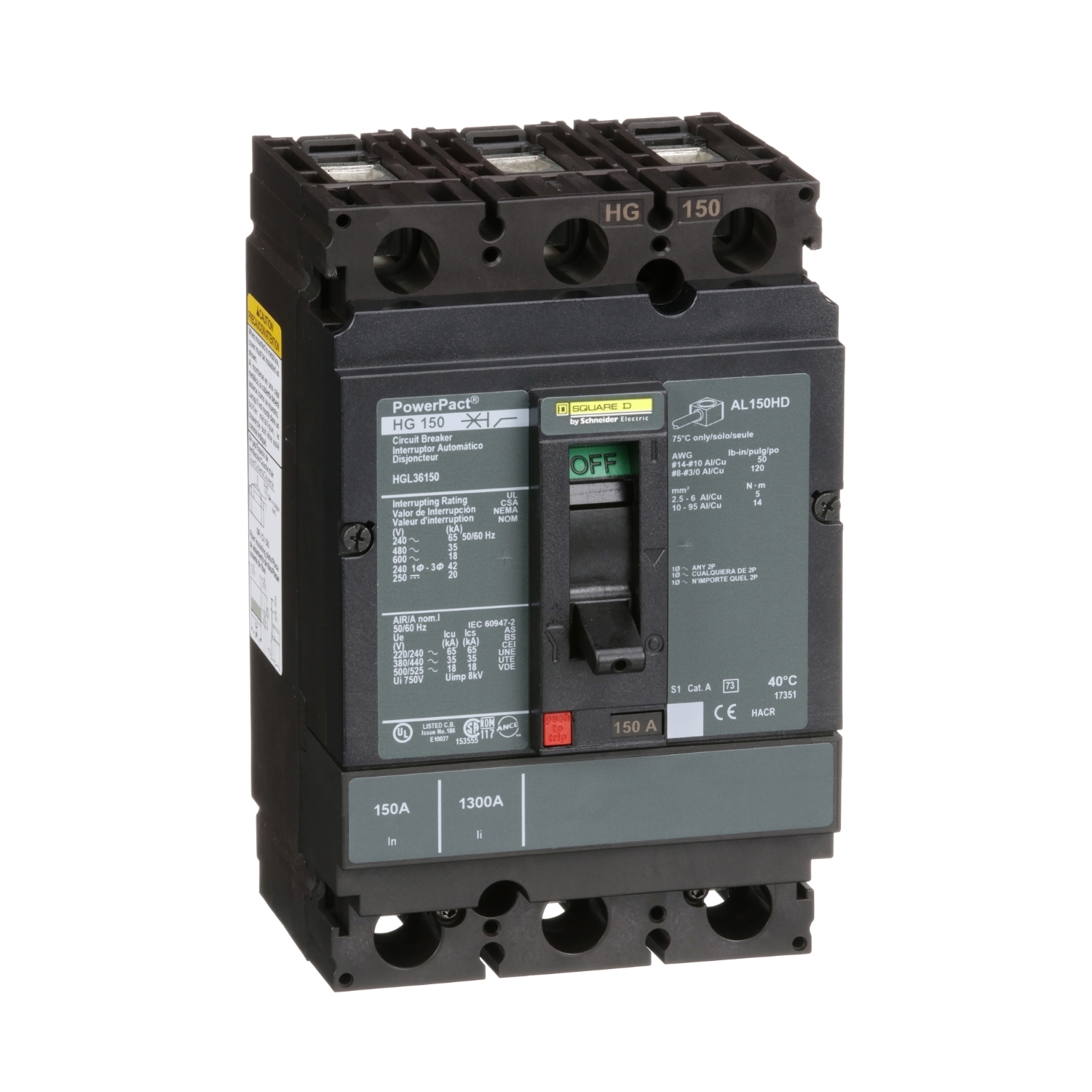 Circuit breaker, PowerPacT H, 150A, 3 pole, 600VAC, 18kA, lugs, thermal magnetic, 80%