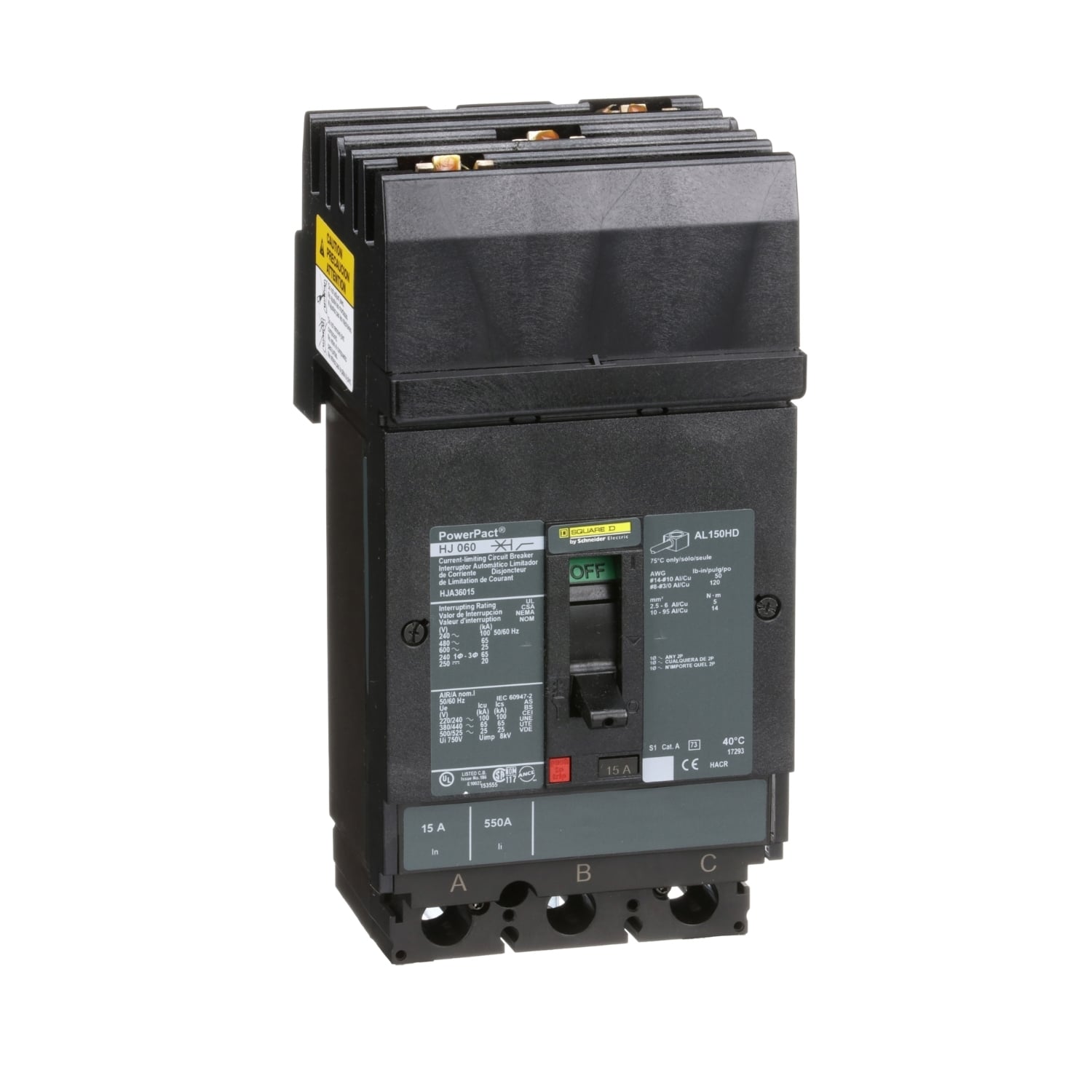 Circuit breaker, PowerPacT H, 15A, 3 pole, 600VAC, 25kA, I-Line, thermal magnetic, 80%, ABC