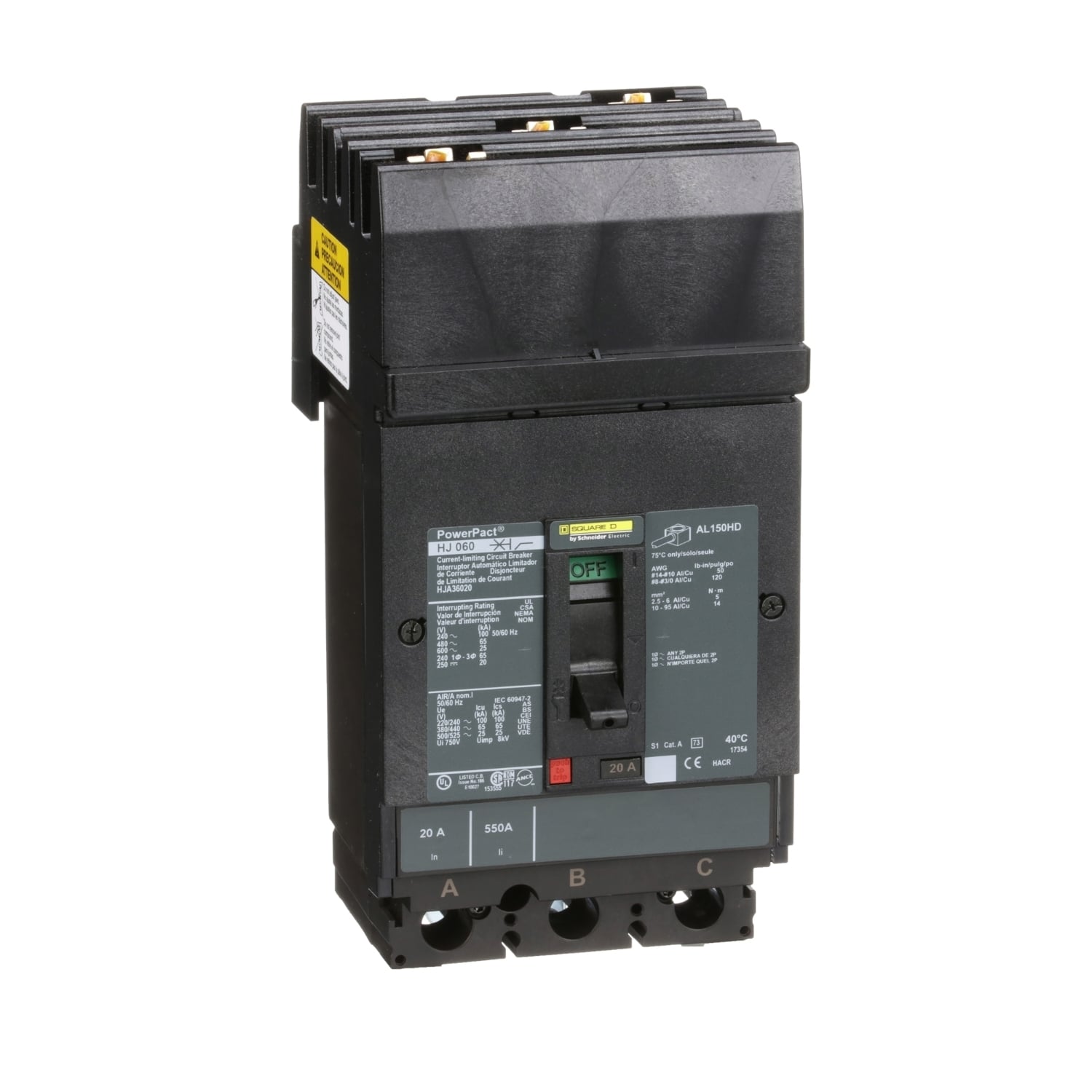 Circuit breaker, PowerPacT H, 20A, 3 pole, 600VAC, 25kA, I-Line, thermal magnetic, 80%, ABC