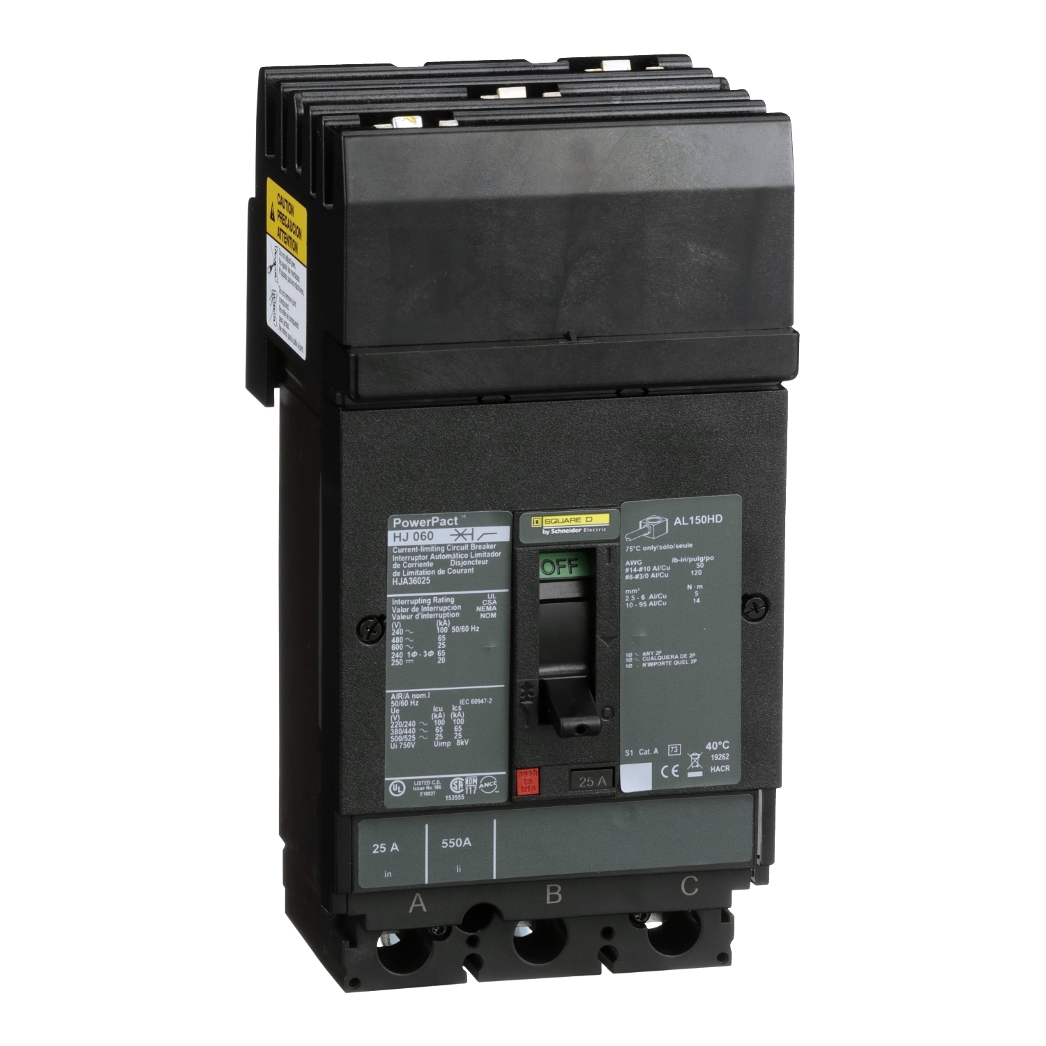 Circuit breaker, PowerPacT H, 25A, 3 pole, 600VAC, 25kA, I-Line, thermal magnetic, 80%, ABC