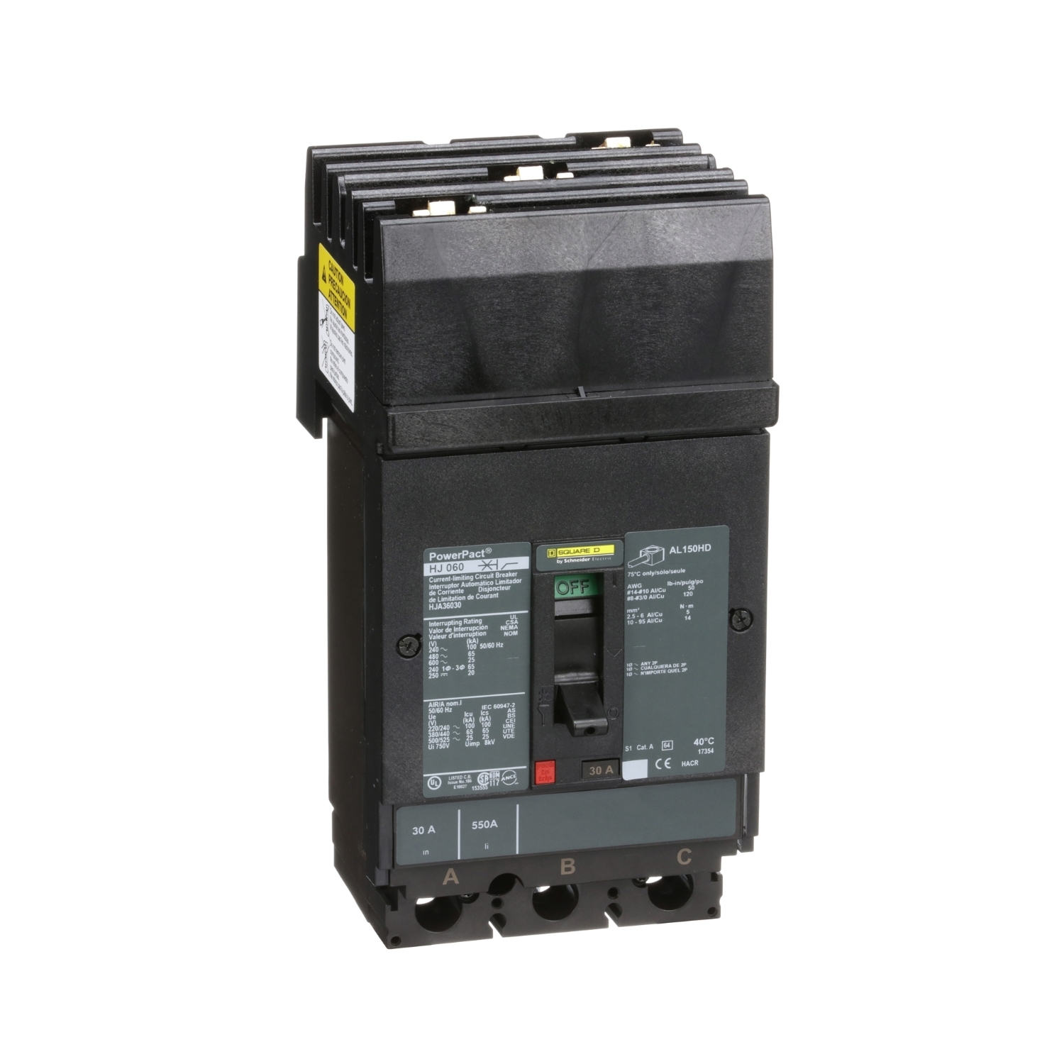 Circuit breaker, PowerPacT H, 30A, 3 pole, 600VAC, 25kA, I-Line, thermal magnetic, 80%, ABC