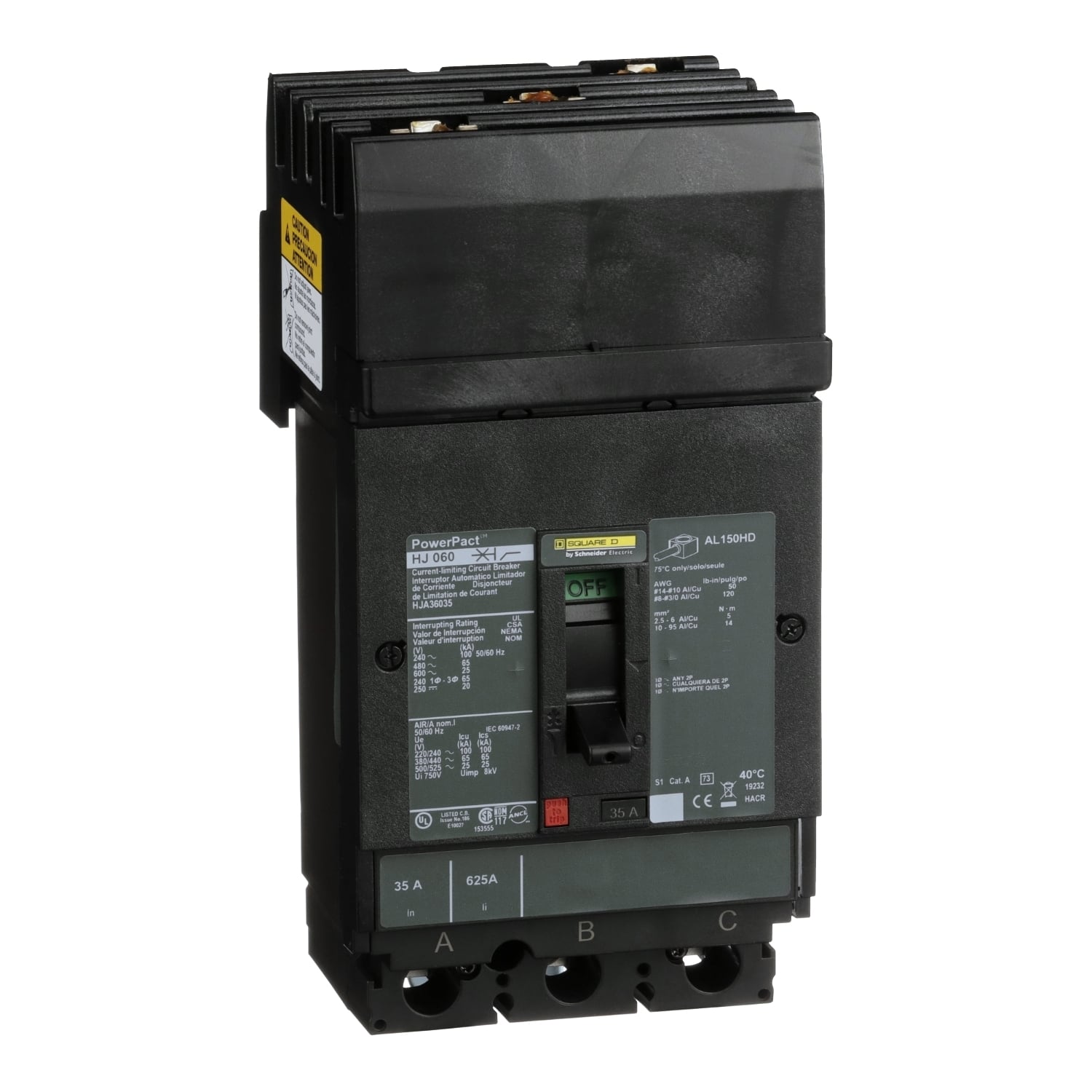 Circuit breaker, PowerPacT H, 35A, 3 pole, 600VAC, 25kA, I-Line, thermal magnetic, 80%, ABC