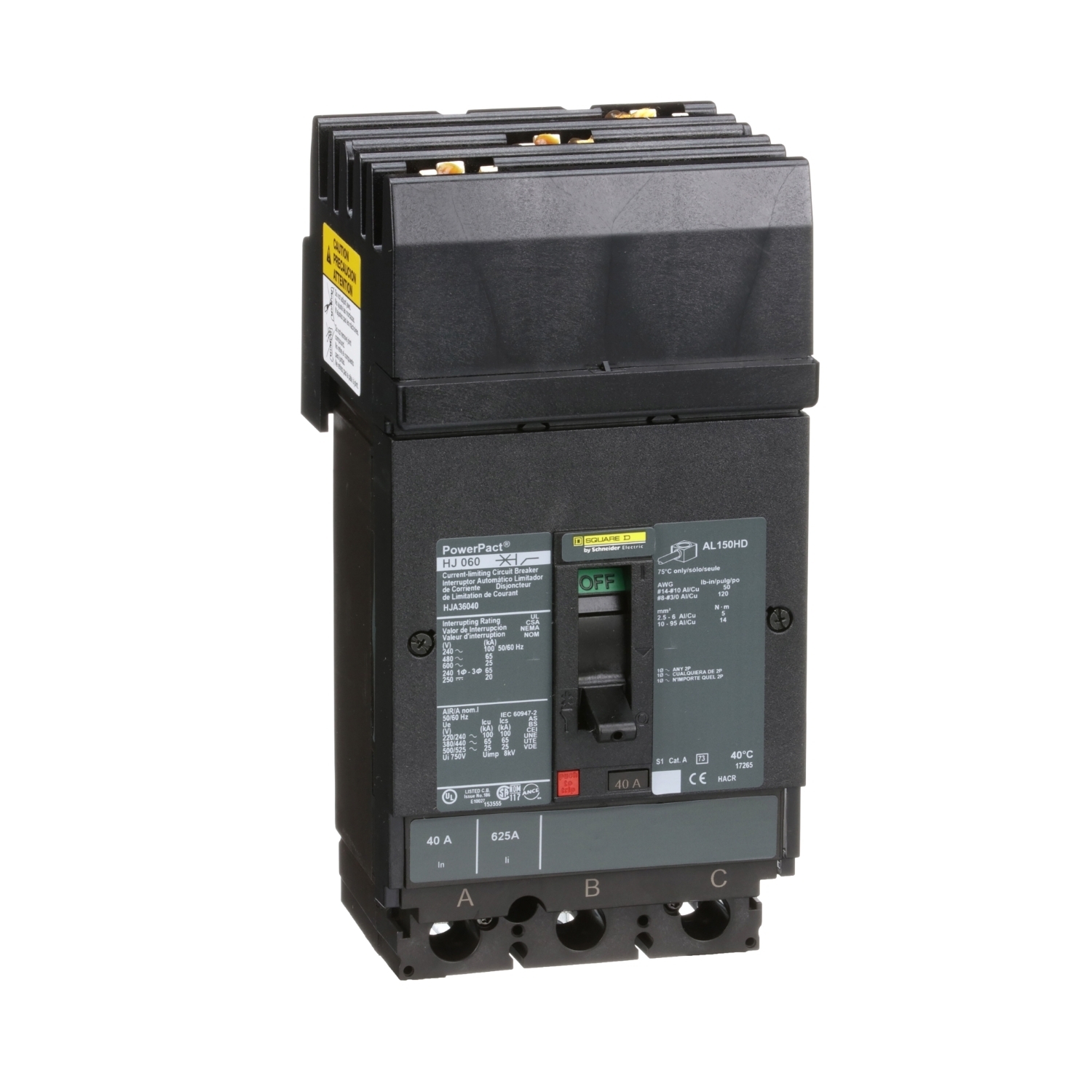 Circuit breaker, PowerPacT H, 40A, 3 pole, 600VAC, 25kA, I-Line, thermal magnetic, 80%, ABC