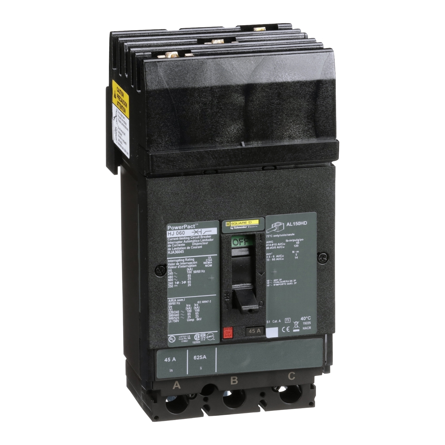 Circuit breaker, PowerPacT H, 45A, 3 pole, 600VAC, 25kA, I-Line, thermal magnetic, 80%, ABC
