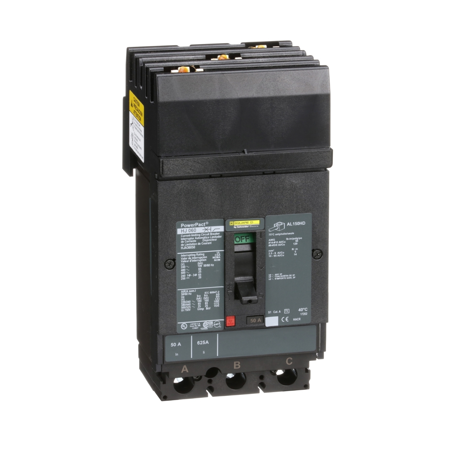 Circuit breaker, PowerPacT H, 50A, 3 pole, 600VAC, 25kA, I-Line, thermal magnetic, 80%, ABC