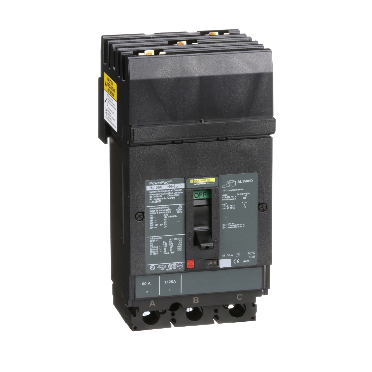 Circuit breaker, PowerPacT H, 60A, 3 pole, 600VAC, 25kA, I-Line, thermal magnetic, 80%, ABC