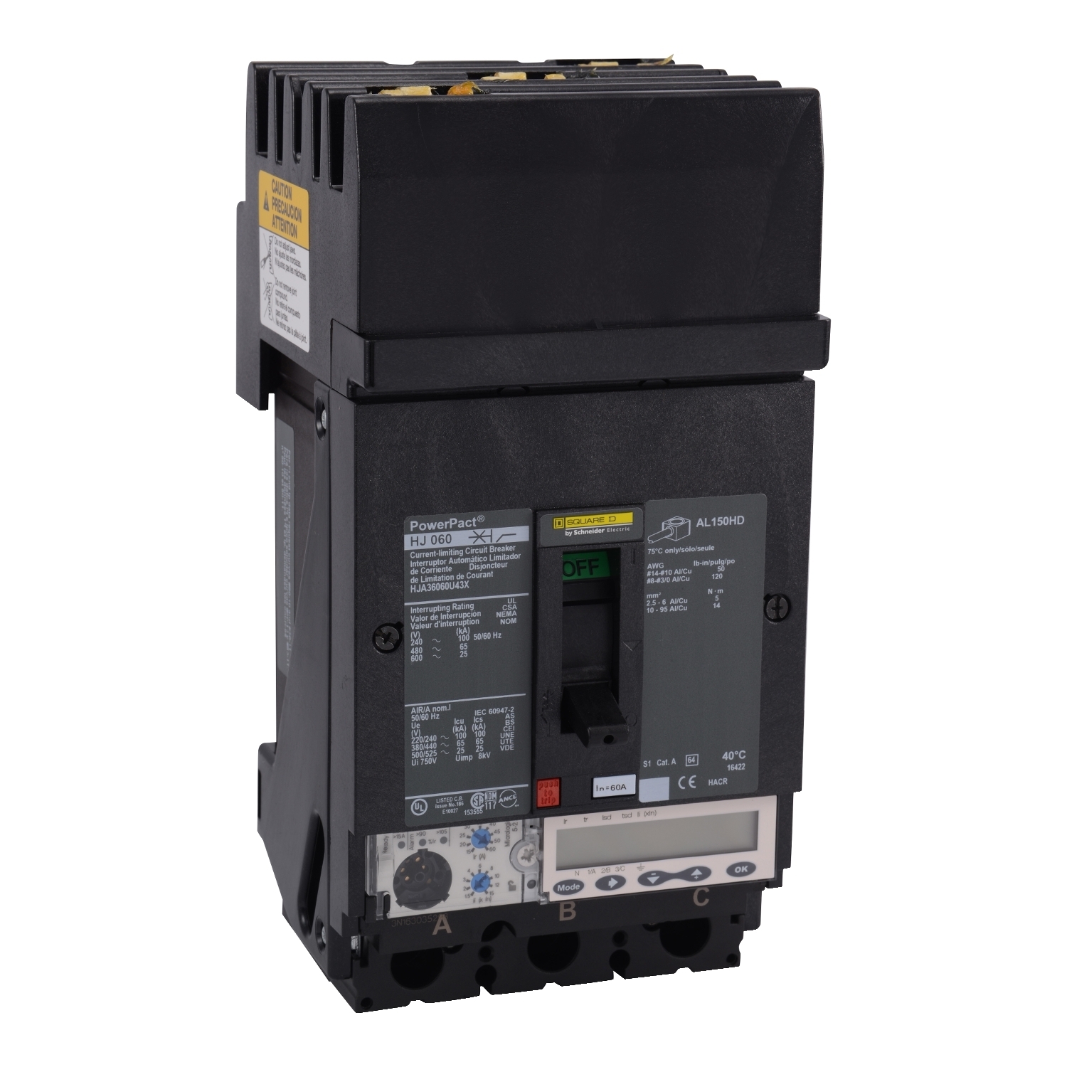 Circuit breaker, PowerPacT H, 60A, 3 pole, 600VAC, 25kA, I-Line, Micrologic 5.2A, 80%, ABC
