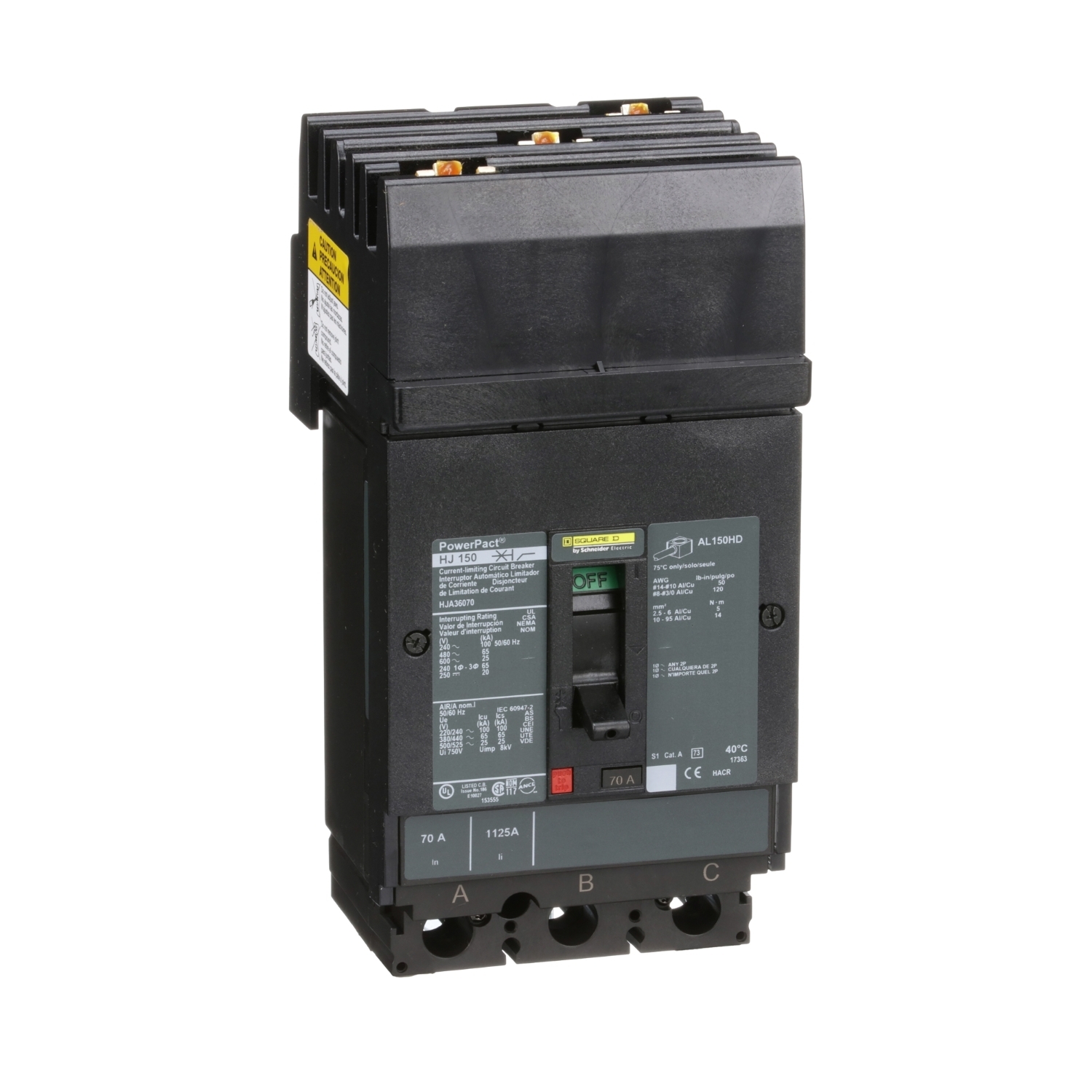 Circuit breaker, PowerPacT H, 70A, 3 pole, 600VAC, 25kA, I-Line, thermal magnetic, 80%, ABC
