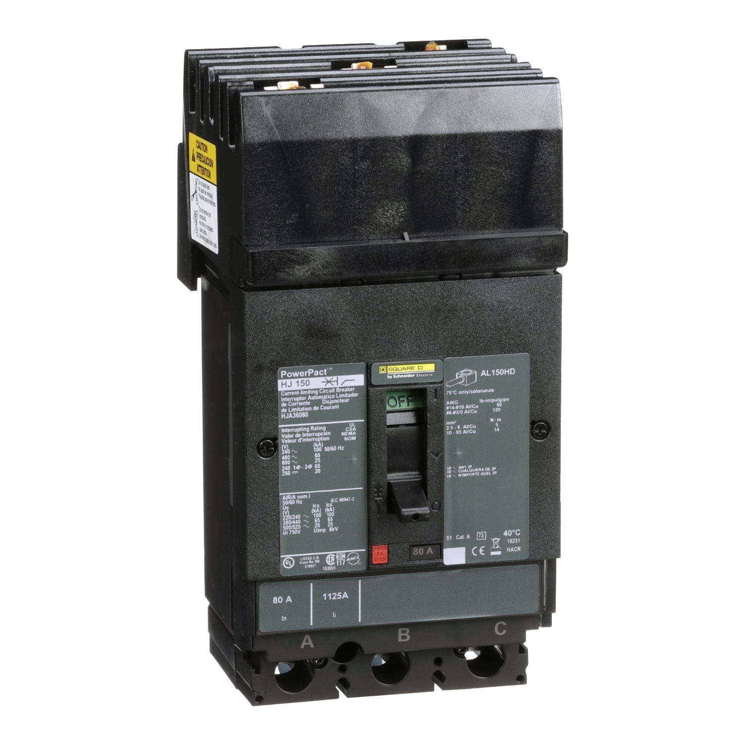 Circuit breaker, PowerPacT H, 80A, 3 pole, 600VAC, 25kA, I-Line, thermal magnetic, 80%, ABC