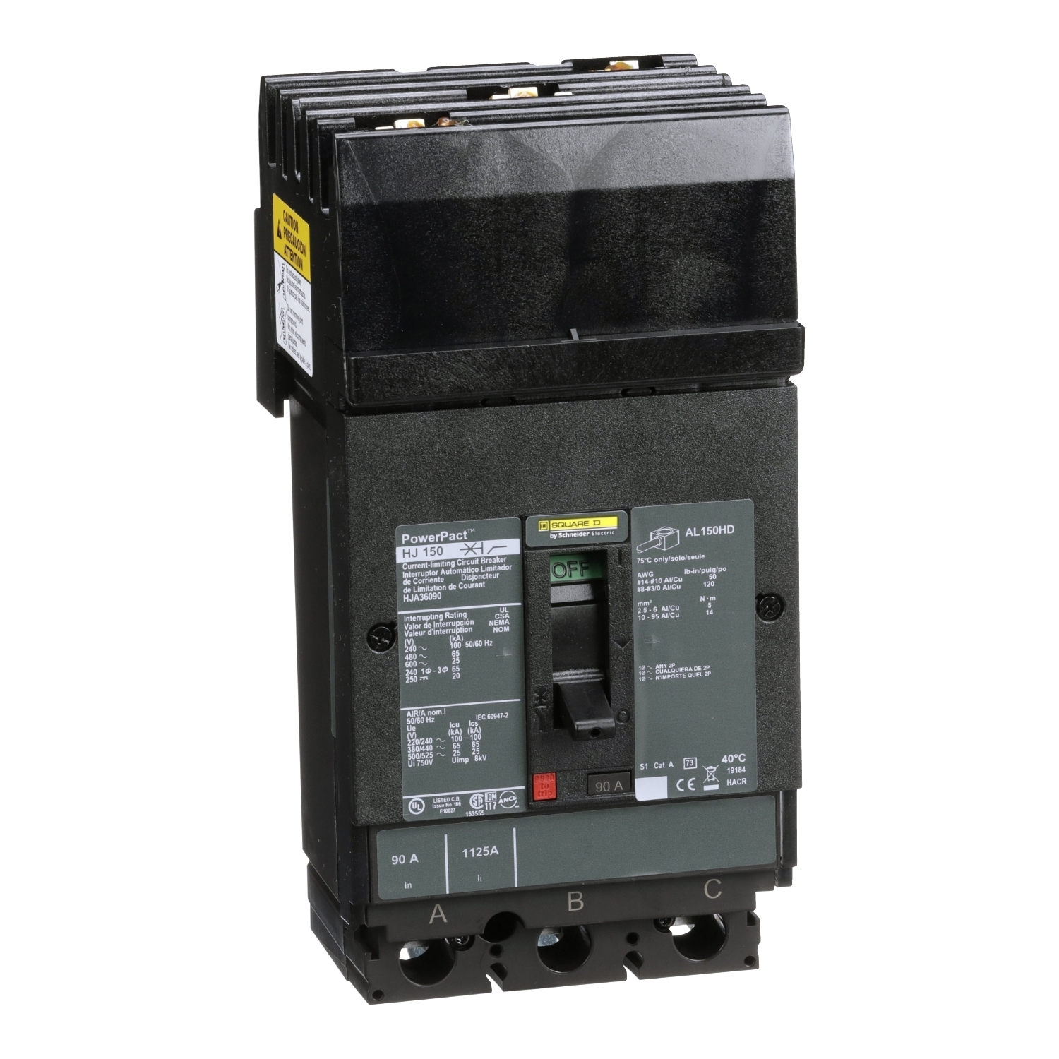 Circuit breaker, PowerPacT H, 90A, 3 pole, 600VAC, 25kA, I-Line, thermal magnetic, 80%, ABC