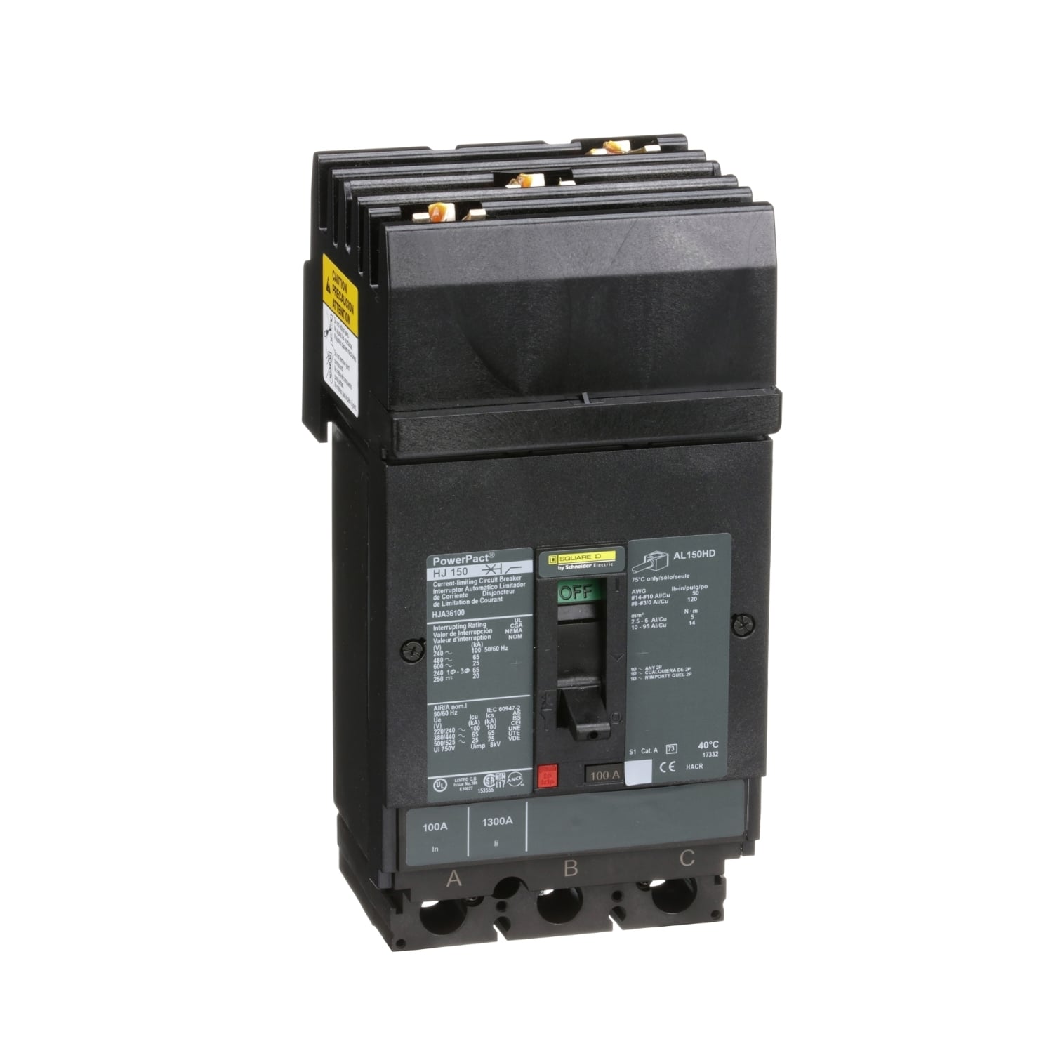 Circuit breaker, PowerPacT H, 100A, 3 pole, 600VAC, 25kA, I-Line, thermal magnetic, 80%, ABC