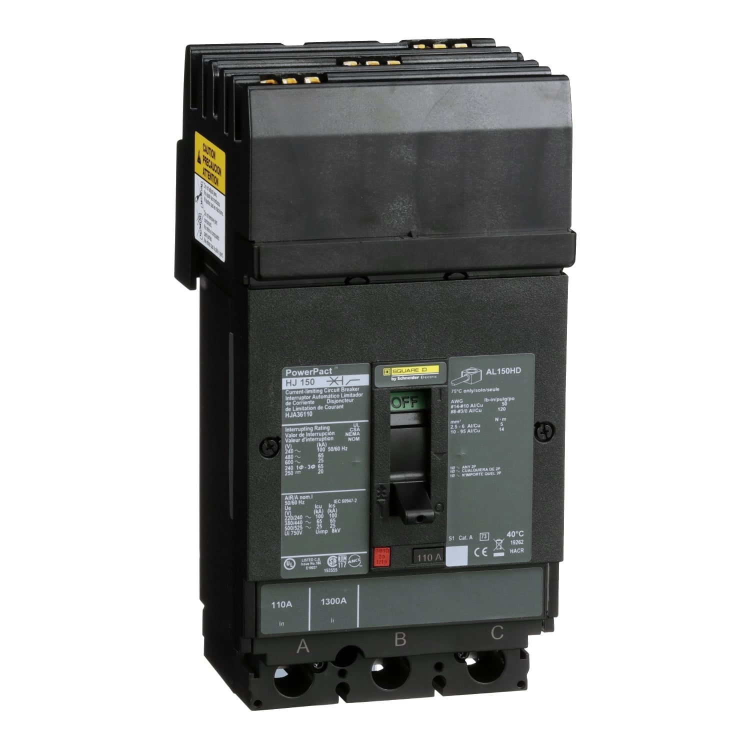 Circuit breaker, PowerPacT H, 110A, 3 pole, 600VAC, 25kA, I-Line, thermal magnetic, 80%, ABC