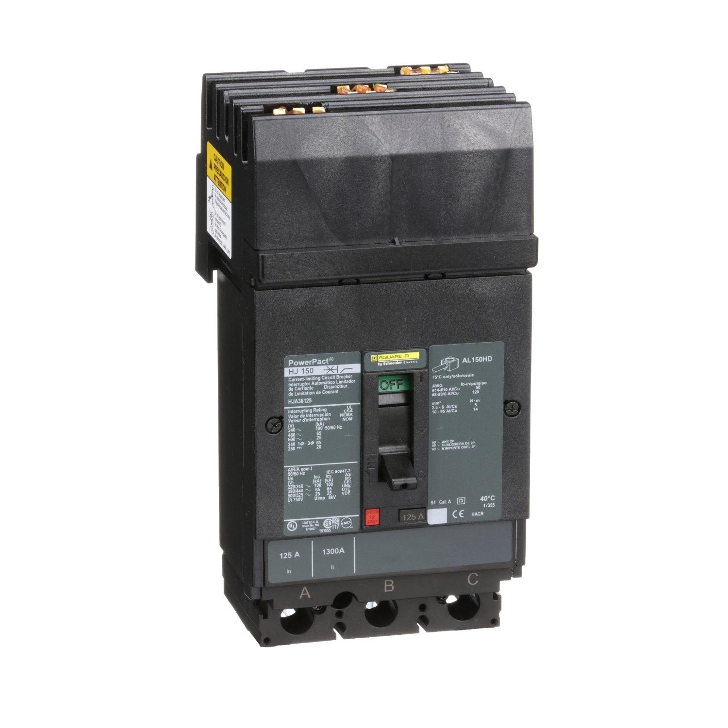 Circuit breaker, PowerPacT H, 125A, 3 pole, 600VAC, 25kA, I-Line, thermal magnetic, 80%, ABC