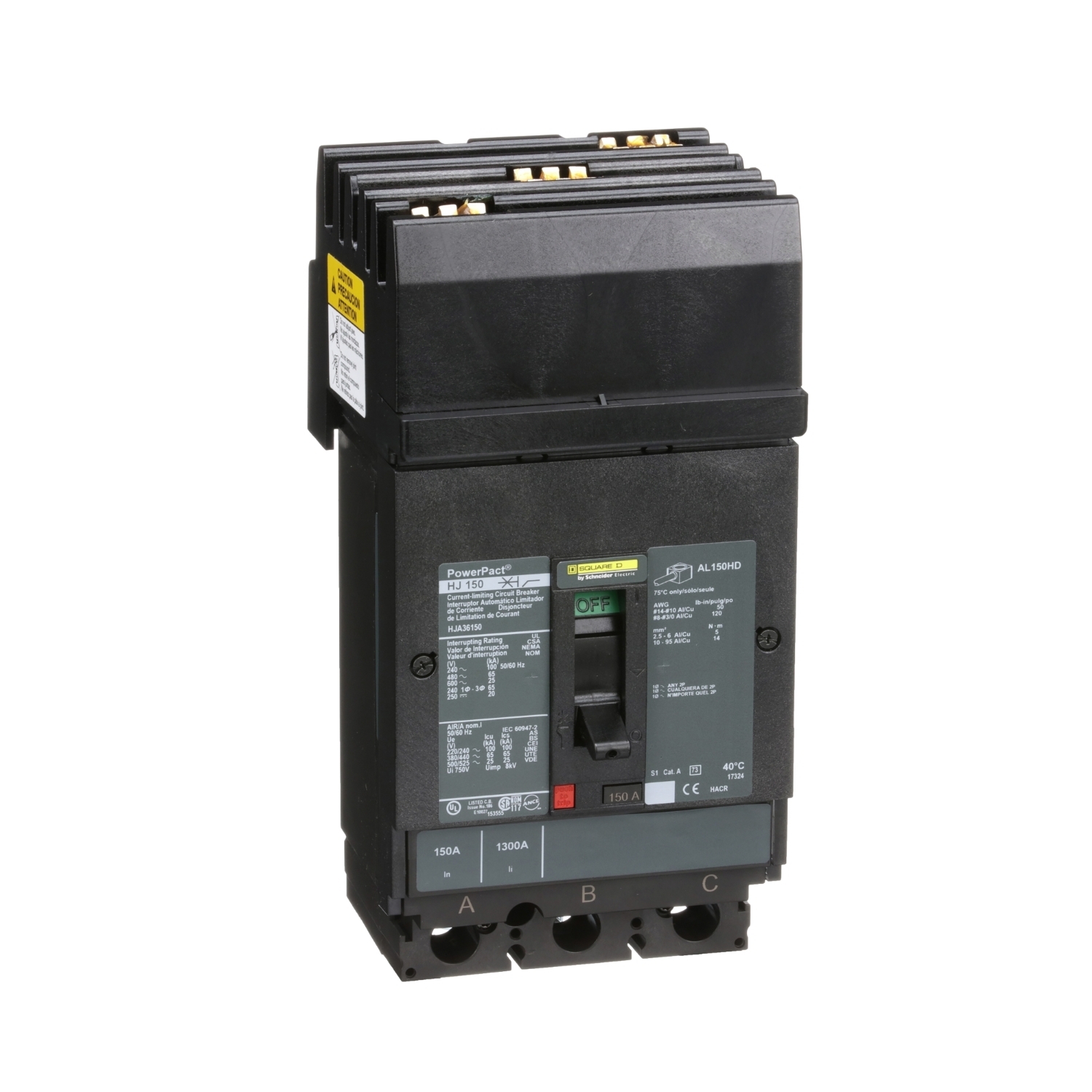 Circuit breaker, PowerPacT H, 150A, 3 pole, 600VAC, 25kA, I-Line, thermal magnetic, 80%, ABC