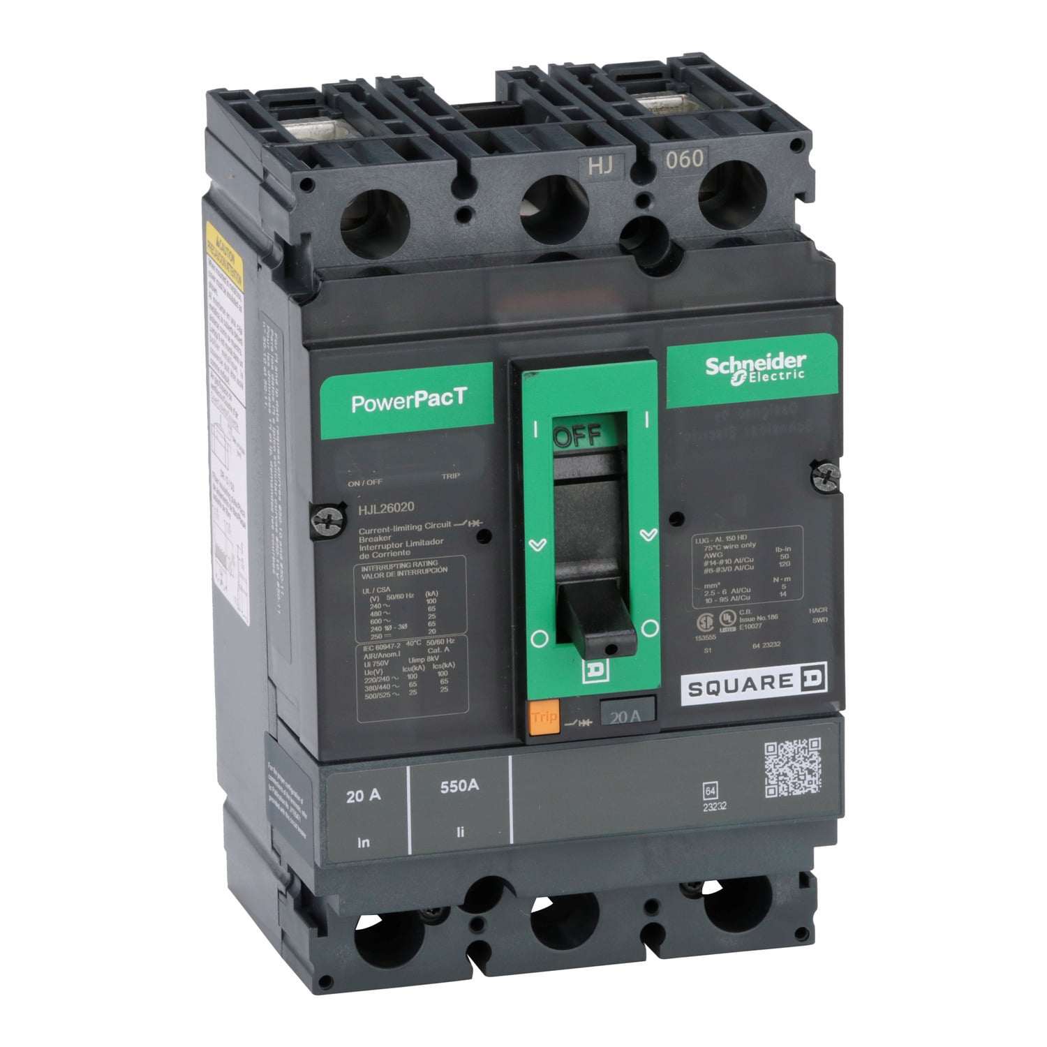 Circuit breaker, PowerPacT H, 20A, 2 pole, 600VAC, 25kA, lugs, thermal magnetic, 80%