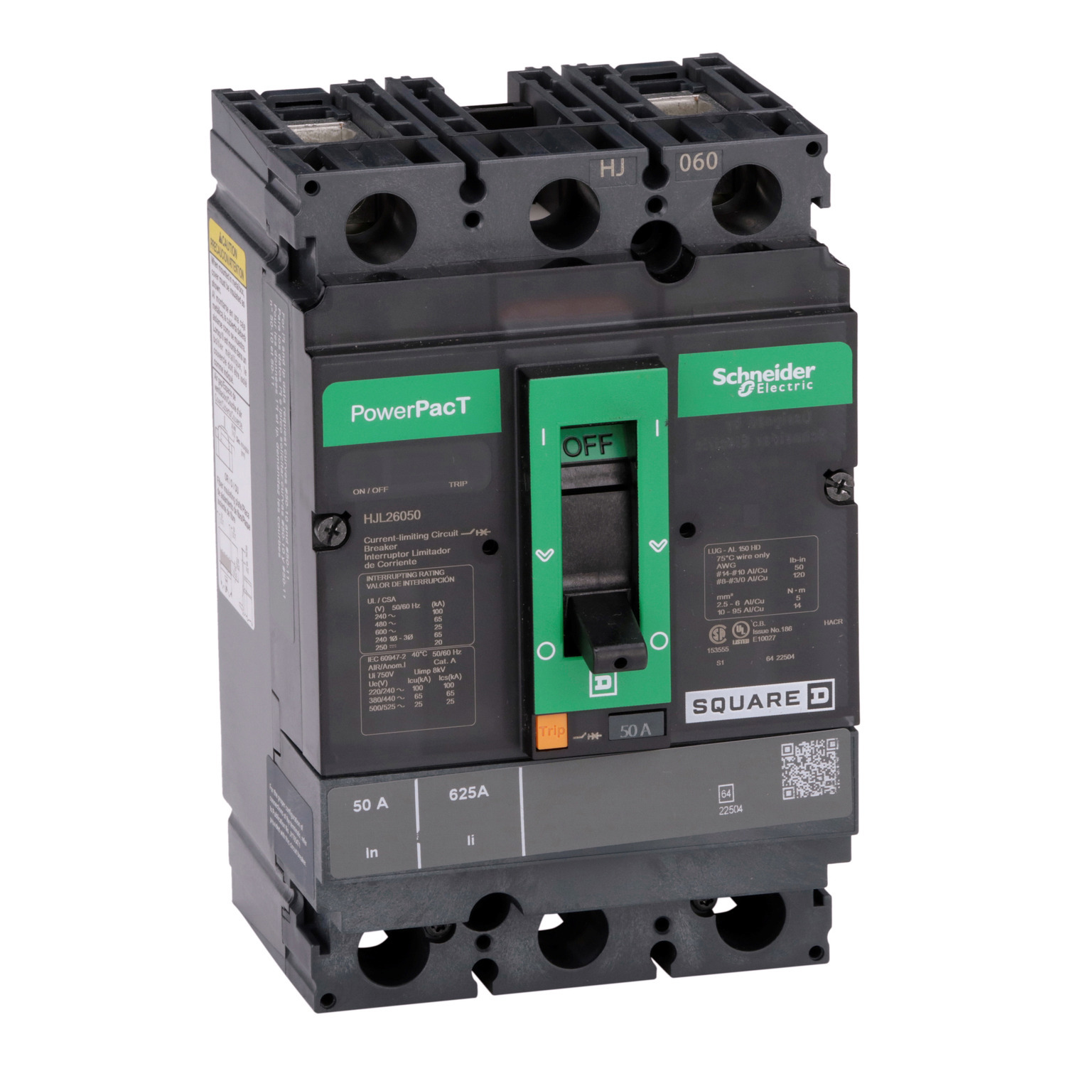 Circuit breaker, PowerPacT H, 50A, 2 pole, 600VAC, 25kA, lugs, thermal magnetic, 80%