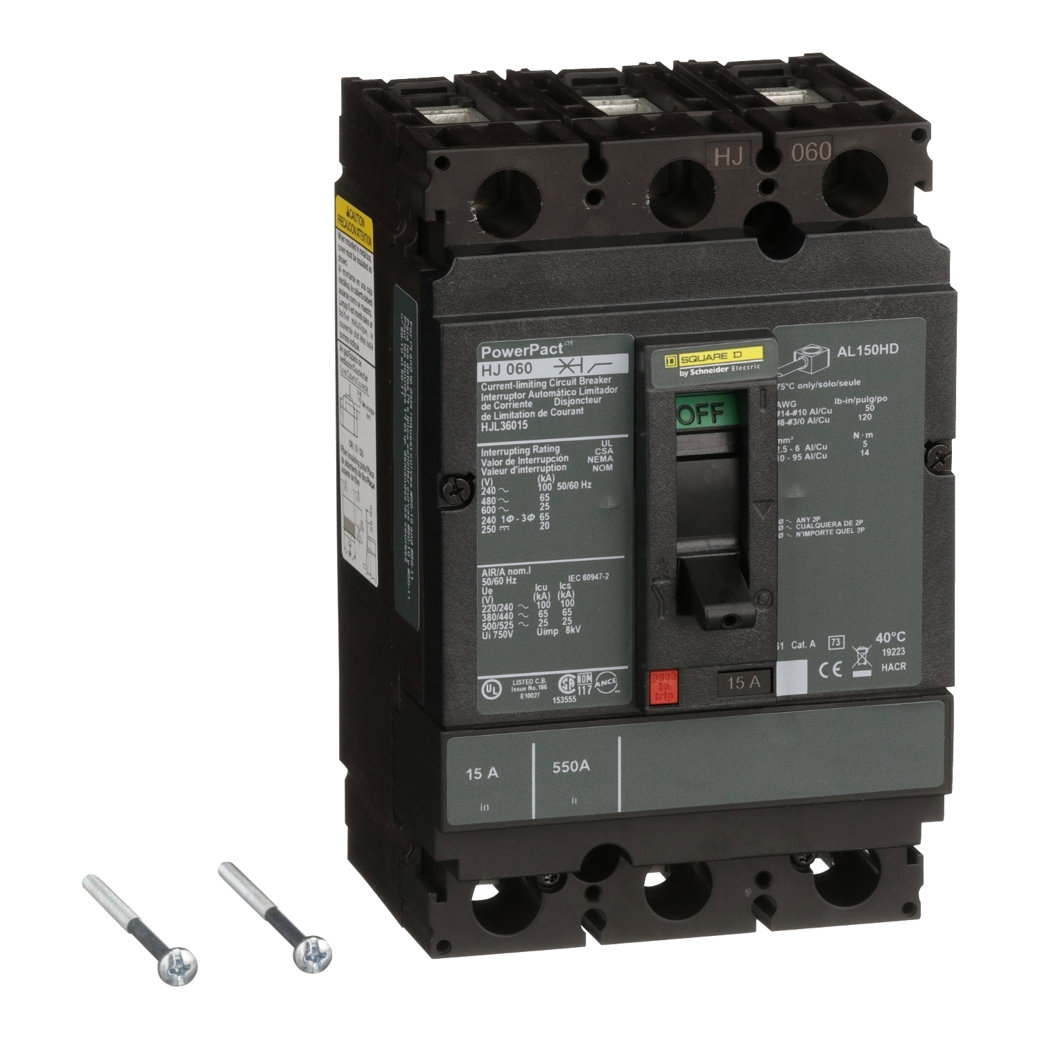Circuit breaker, PowerPacT H, 15A, 3 pole, 600VAC, 25kA, lugs, thermal magnetic, 80%