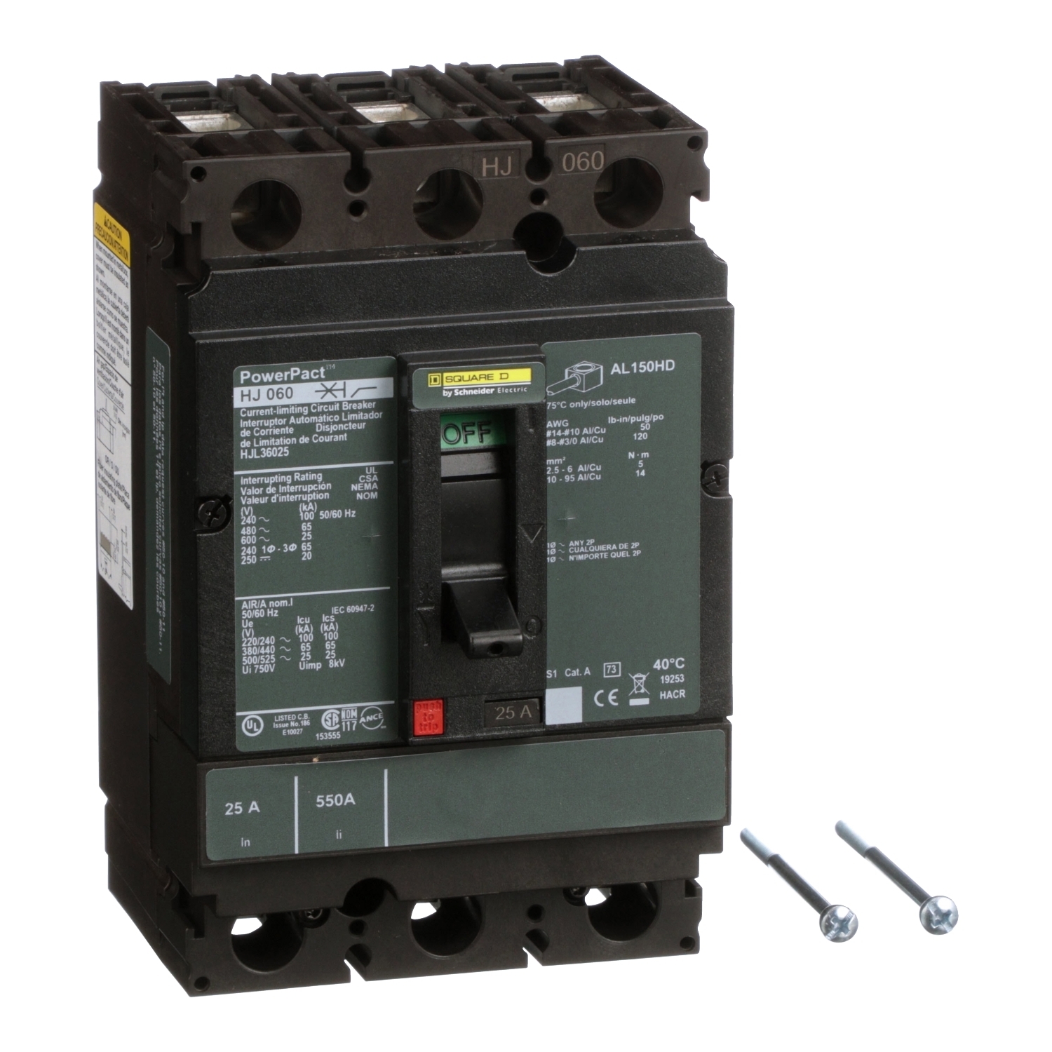 Circuit breaker, PowerPacT H, 25A, 3 pole, 600VAC, 25kA, lugs, thermal magnetic, 80%