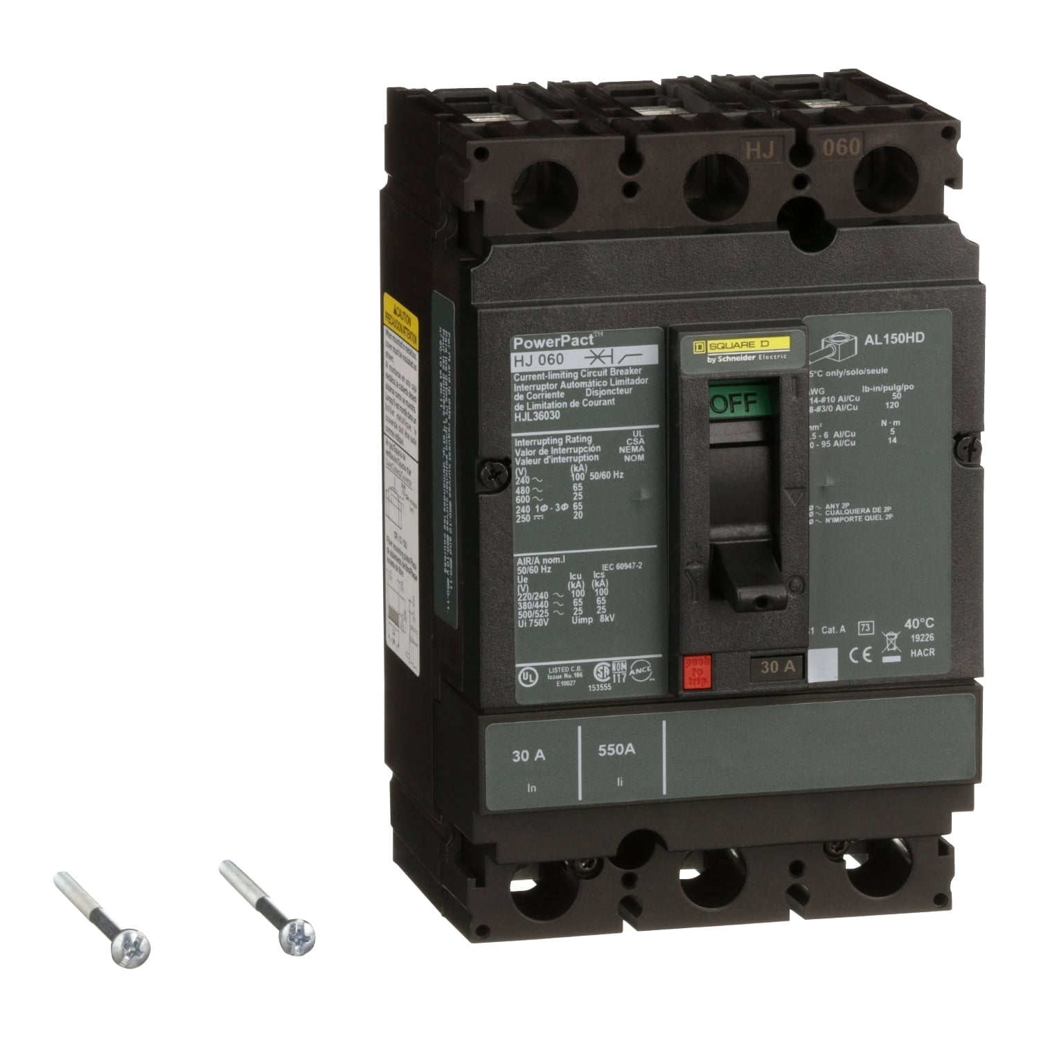 Circuit breaker, PowerPacT H, 30A, 3 pole, 600VAC, 25kA, lugs, thermal magnetic, 80%