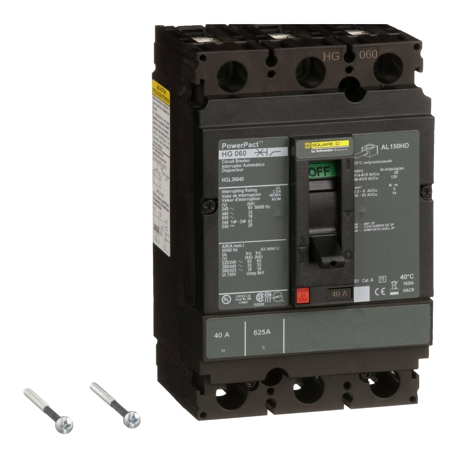 Circuit breaker, PowerPacT H, 40A, 3 pole, 600VAC, 25kA, lugs, thermal magnetic, 80%
