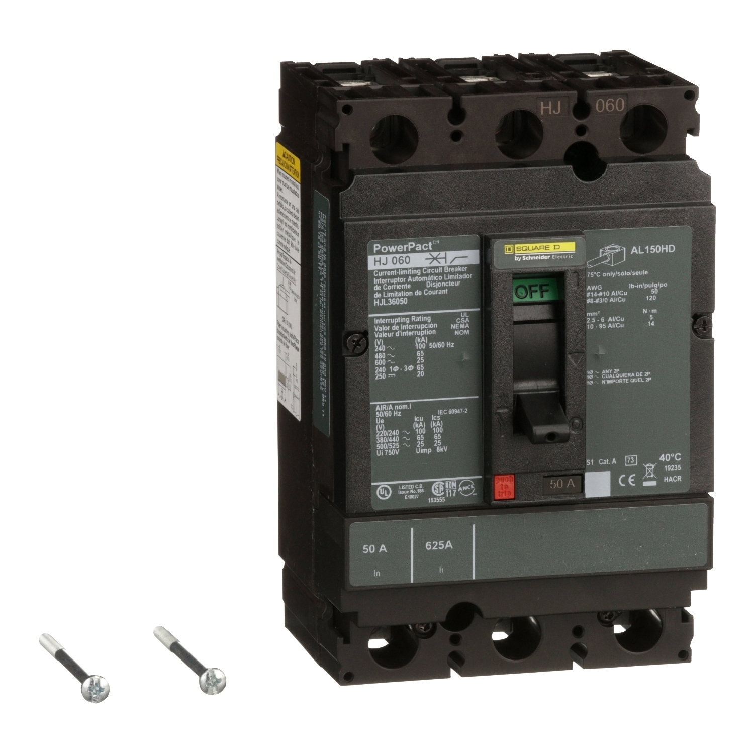 Circuit breaker, PowerPacT H, 50A, 3 pole, 600VAC, 25kA, lugs, thermal magnetic, 80%