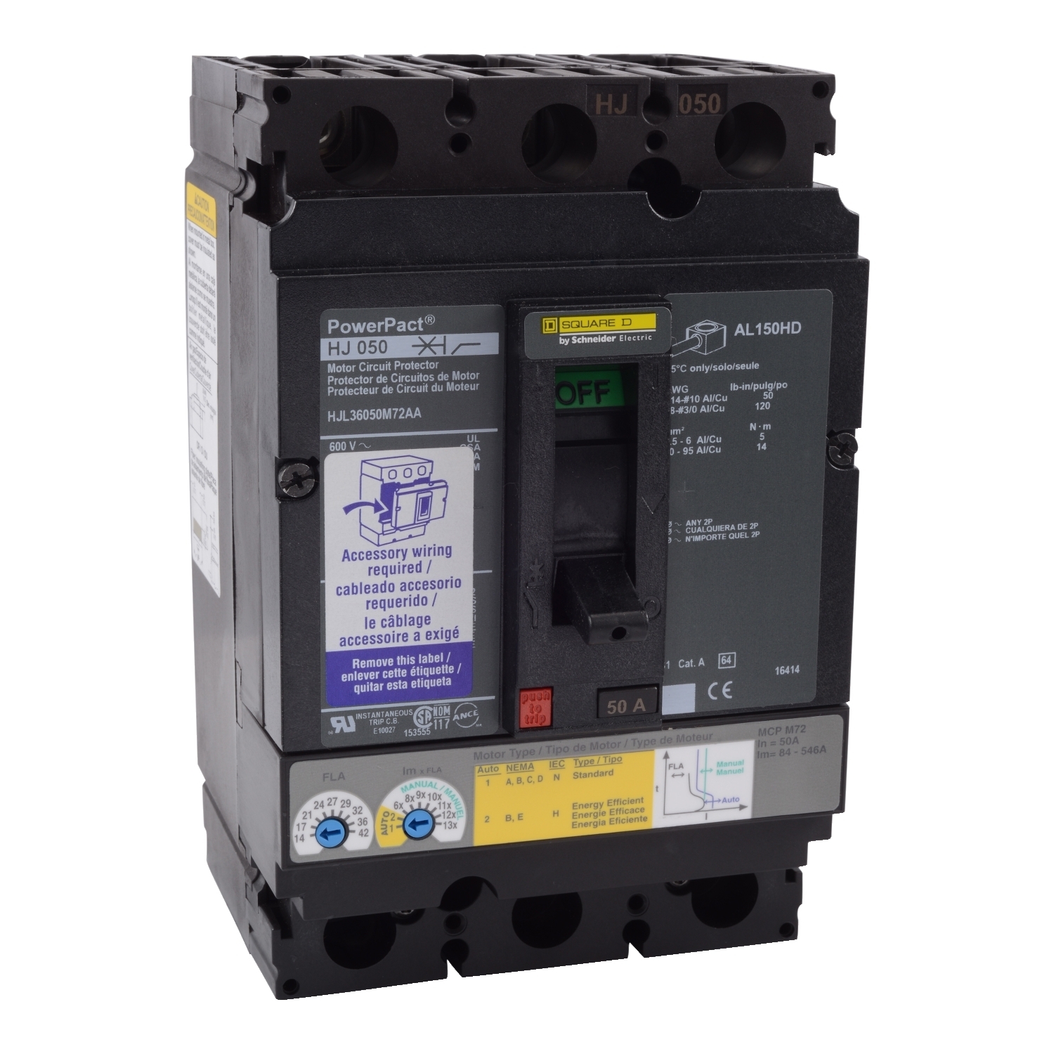 Motor circuit protector, PowerPacT H, 50A, 3 pole, 600VAC, 25kA, lugs, thermal magnetic, 80%, alarm switch