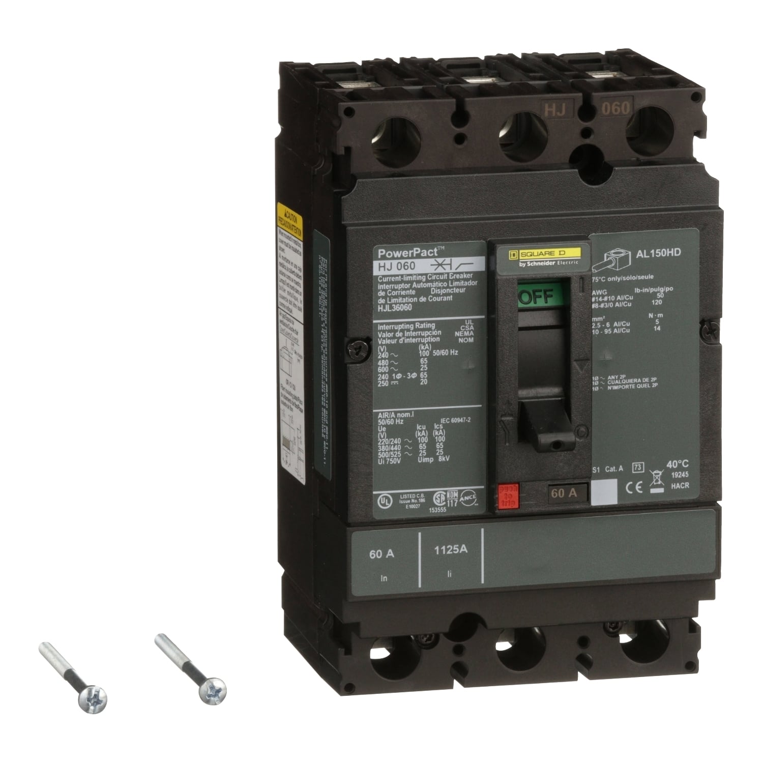 Circuit breaker, PowerPacT H, 60A, 3 pole, 600VAC, 25kA, lugs, thermal magnetic, 80%