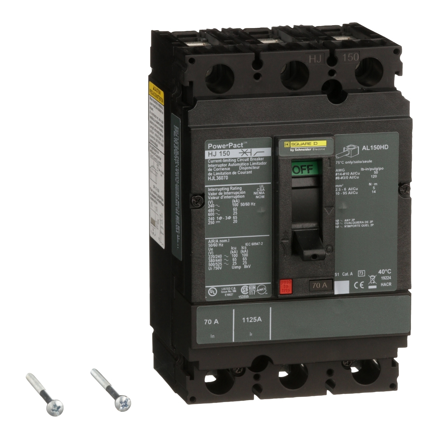 Circuit breaker, PowerPacT H, 70A, 3 pole, 600VAC, 25kA, lugs, thermal magnetic, 80%