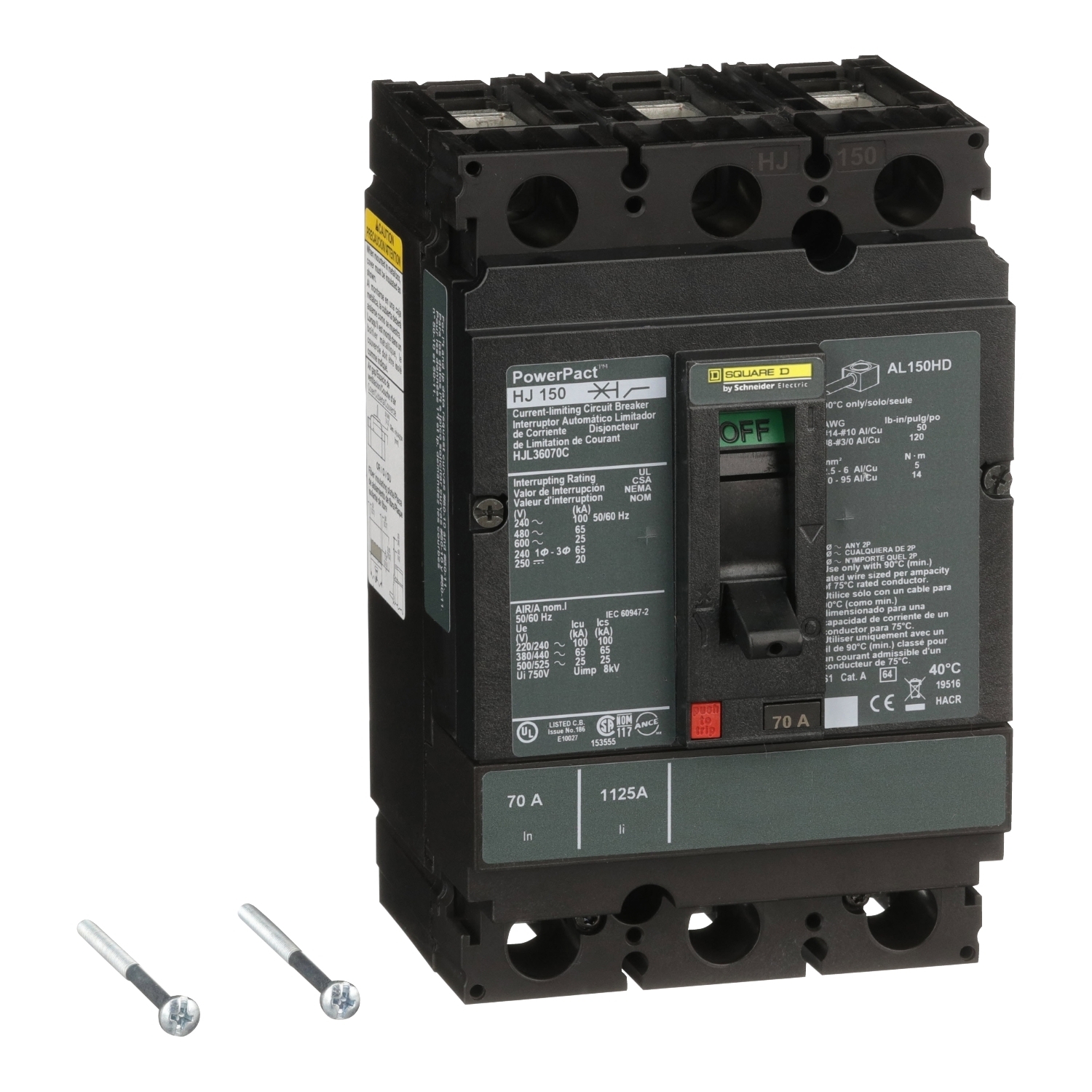 Circuit breaker, PowerPacT H, 70A, 3 pole, 600VAC, 25kA, lugs, thermal magnetic, 100%