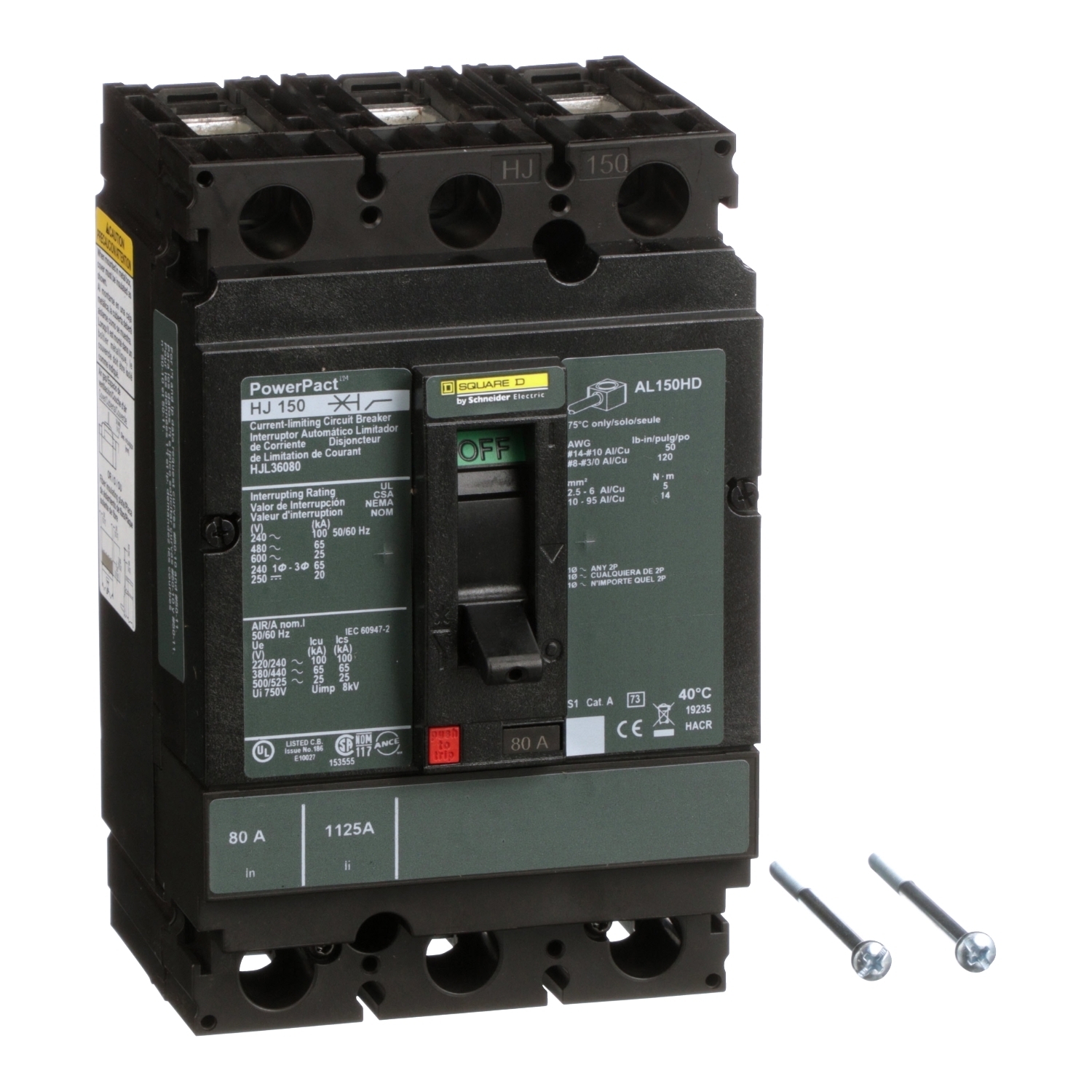 Circuit breaker, PowerPacT H, 80A, 3 pole, 600VAC, 25kA, lugs, thermal magnetic, 80%