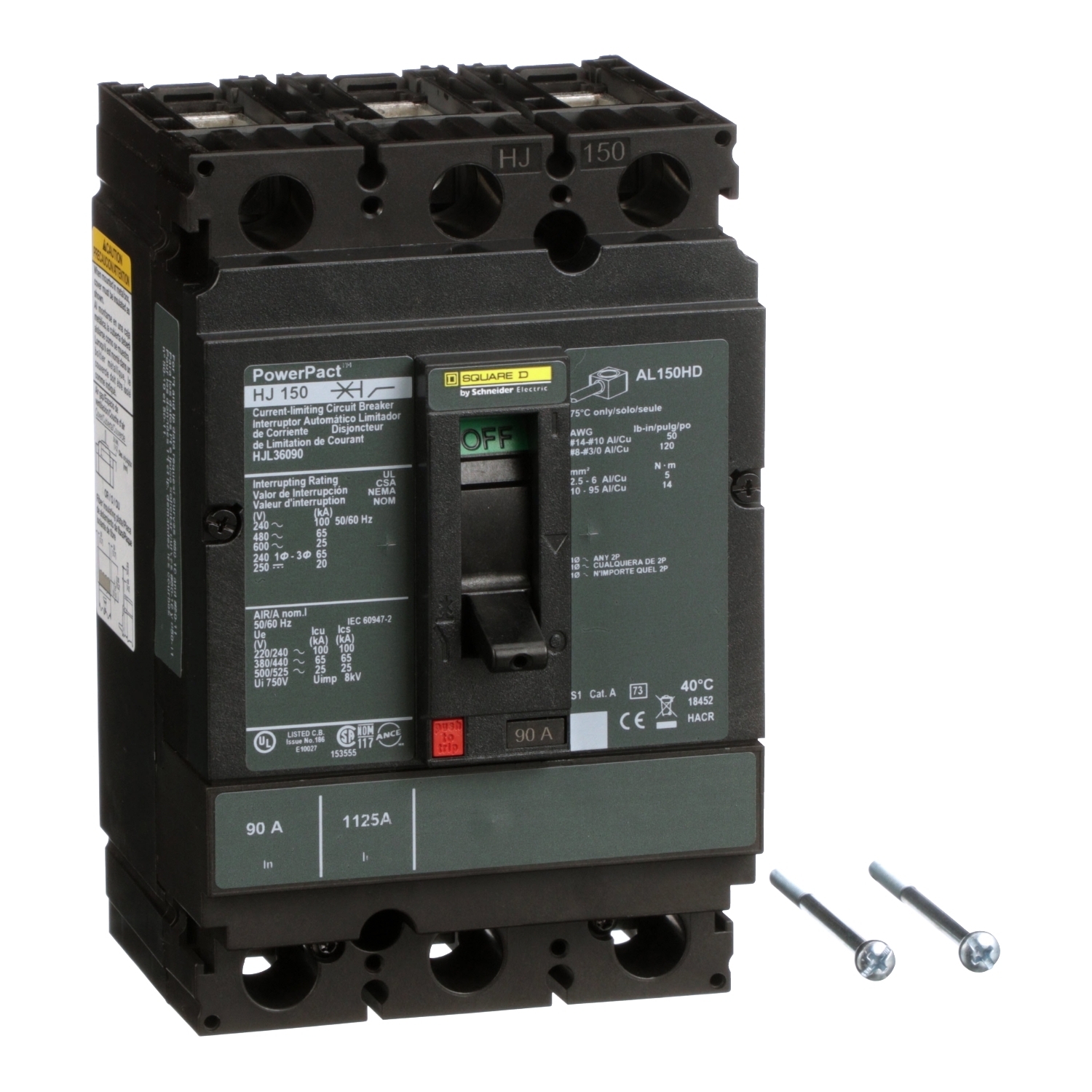 Circuit breaker, PowerPacT H, 90A, 3 pole, 600VAC, 25kA, lugs, thermal magnetic, 80%