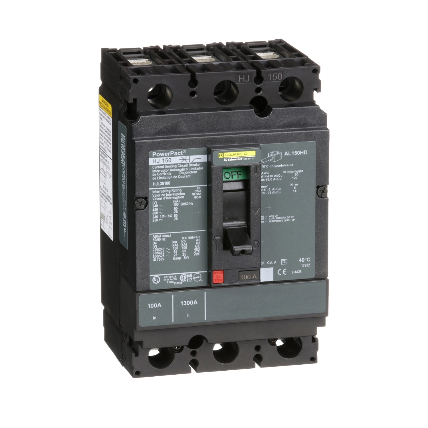 Circuit breaker, PowerPacT H, 100A, 3 pole, 600VAC, 25kA, lugs, thermal magnetic, 80%