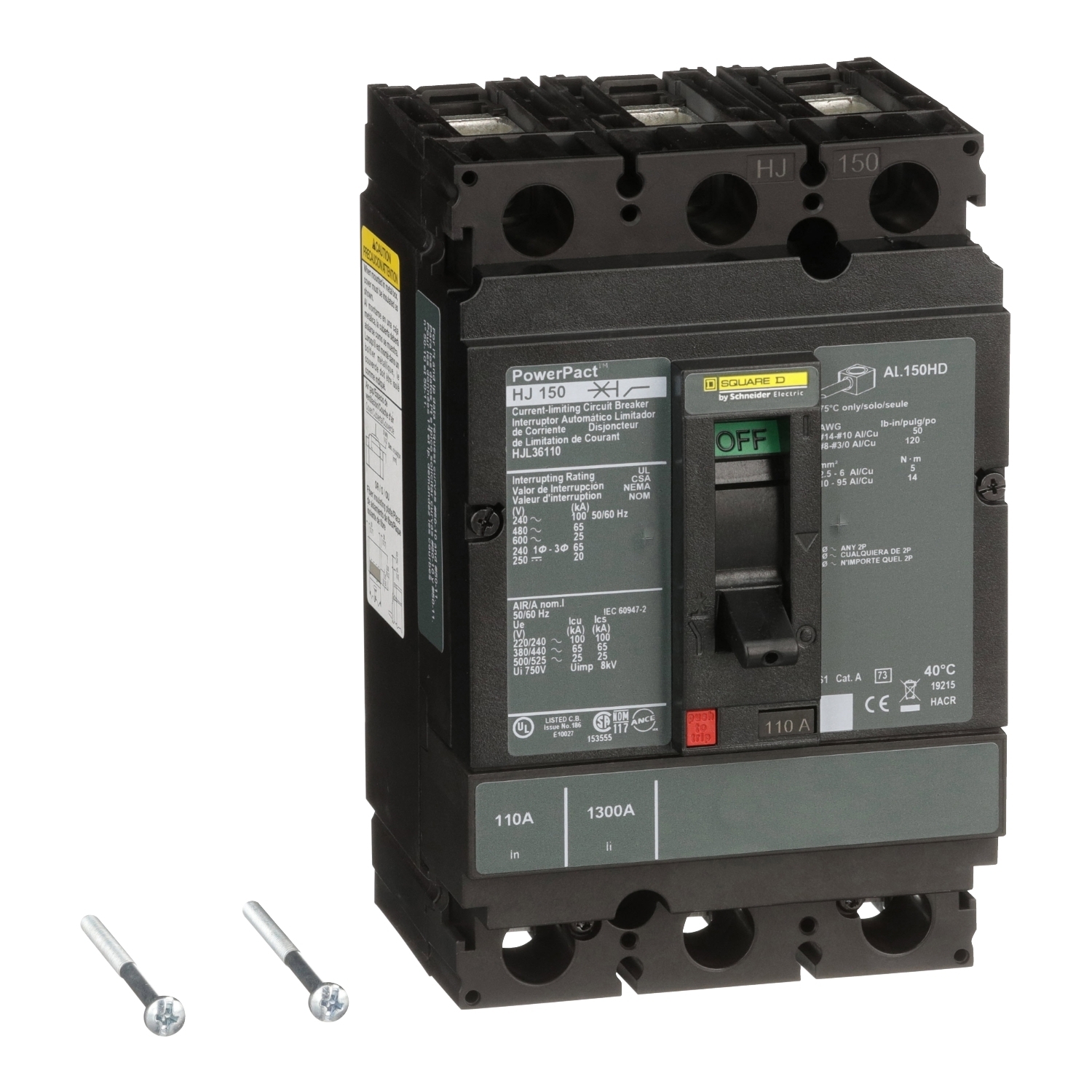 Circuit breaker, PowerPacT H, 110A, 3 pole, 600VAC, 25kA, lugs, thermal magnetic, 80%