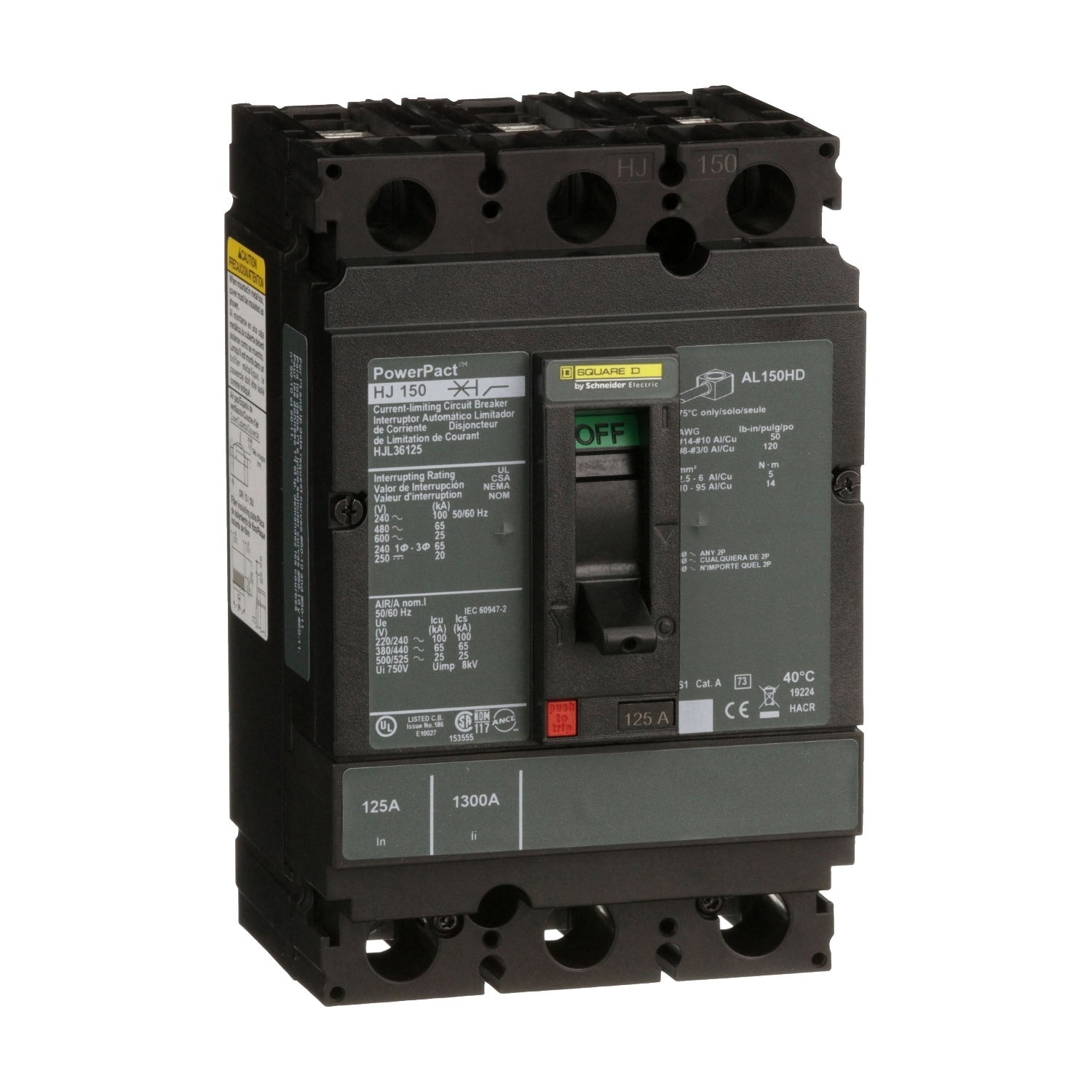 Circuit breaker, PowerPacT H, 125A, 3 pole, 600VAC, 25kA, lugs, thermal magnetic, 80%
