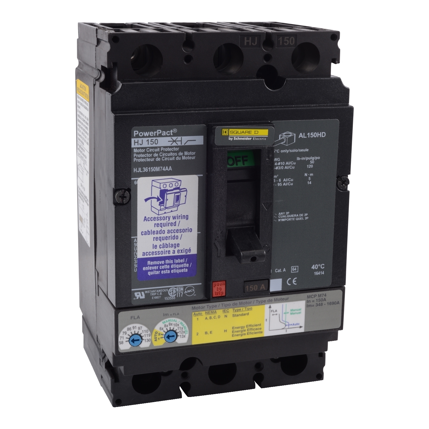 Motor circuit protector, PowerPacT H, 150A, 3 pole, 600VAC, 25kA, lugs, thermal magnetic, 80%, aux switch,
