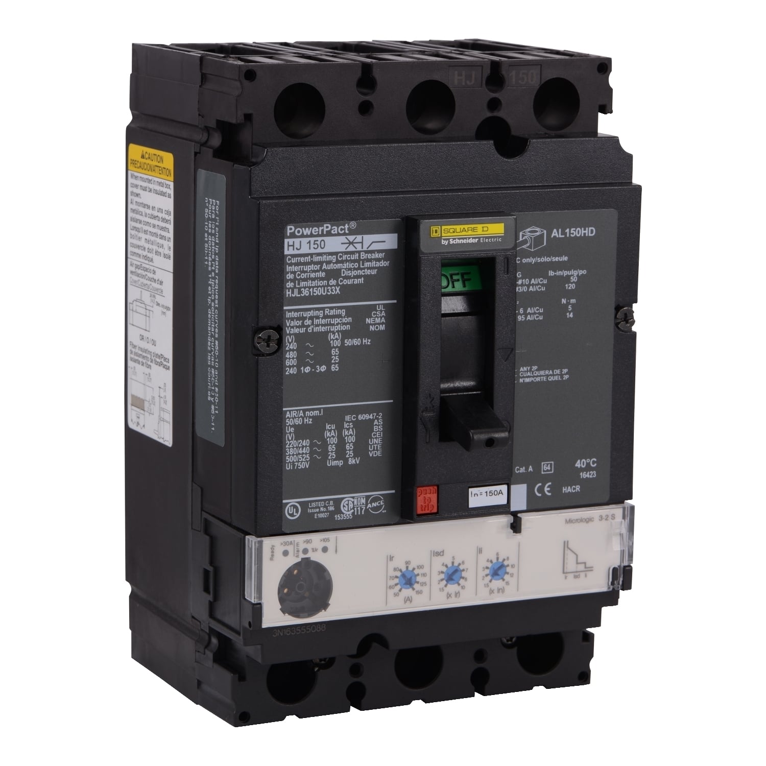 Circuit breaker, PowerPacT H, 150A, 3 pole, 600VAC, 25kA, lugs, Micrologic 3.2S, 80%
