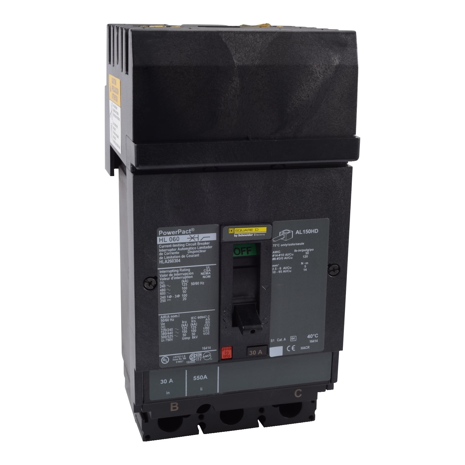 Circuit breaker, PowerPacT H, 70A, 3 pole, 600VAC, 50kA, I-Line, thermal magnetic, 80%, ABC