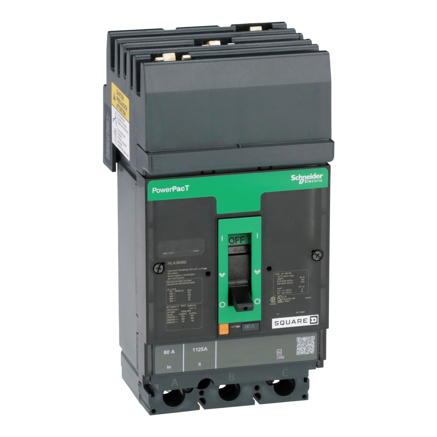 Circuit breaker, PowerPacT H, 80A, 3 pole, 600VAC, 50kA, I-Line, thermal magnetic, 80%, ABC