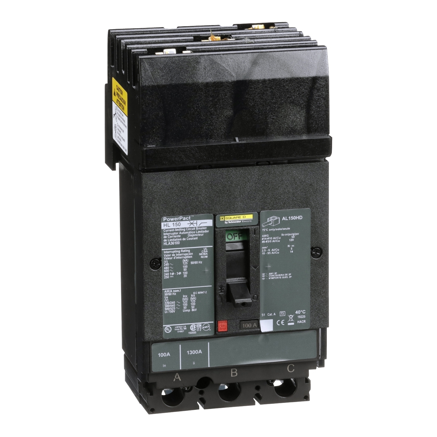 Circuit breaker, PowerPacT H, 100A, 3 pole, 600VAC, 50kA, I-Line, thermal magnetic, 80%, ABC
